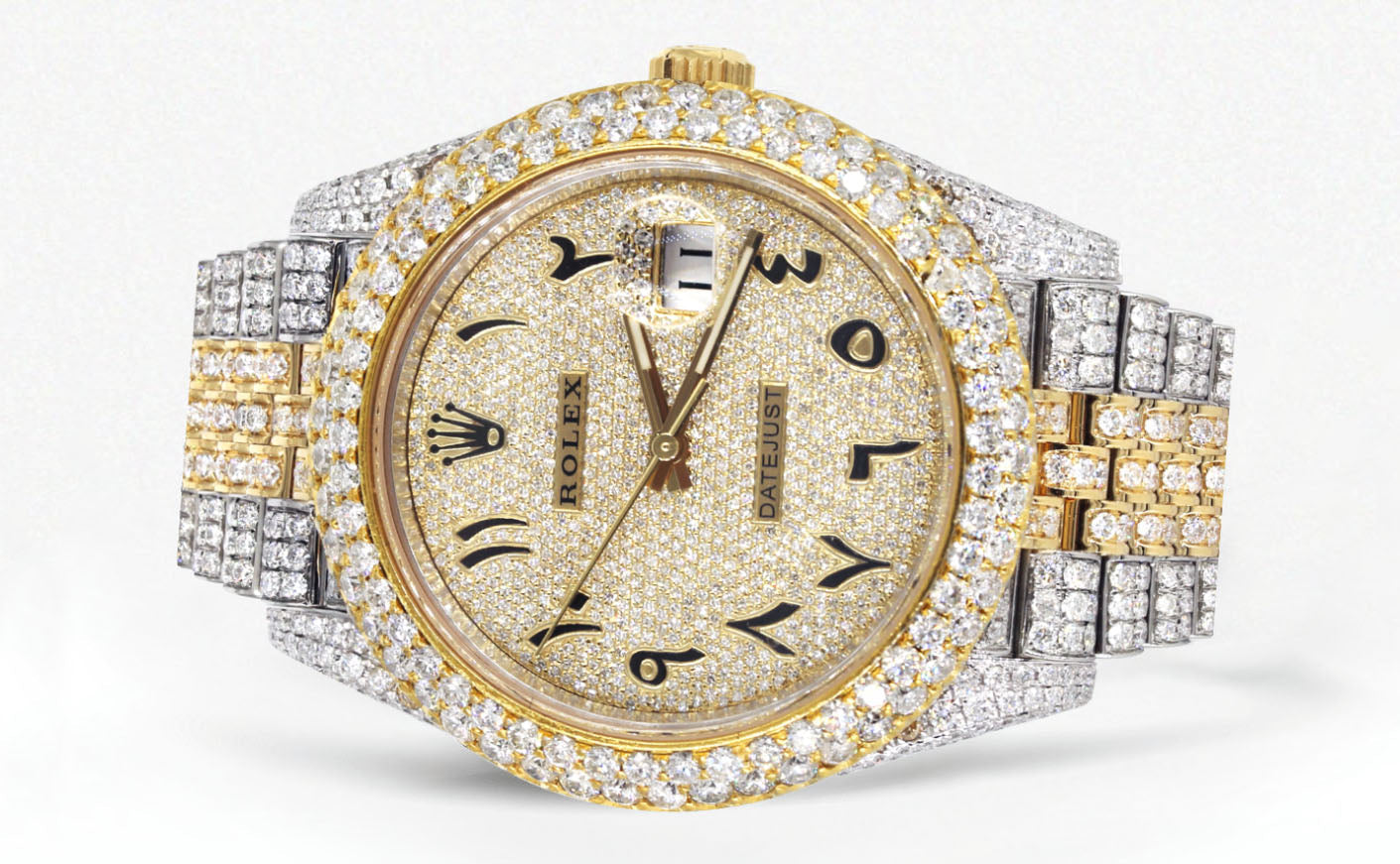 Womens Diamond Iced Out Rolex Datejust 41 | 25 Carats Of Diamonds | Custom Gold Arabic Numeral Diamond Dial | Two Tone | Two Row | Jubilee Band