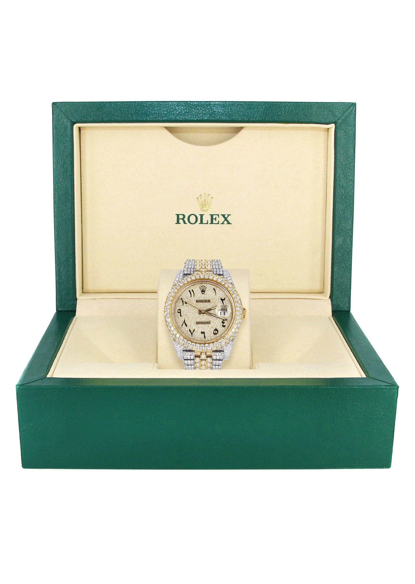 Womens Diamond Iced Out Rolex Datejust 41 | 25 Carats Of Diamonds | Custom Gold Arabic Numeral Diamond Dial | Two Tone | Two Row | Jubilee Band