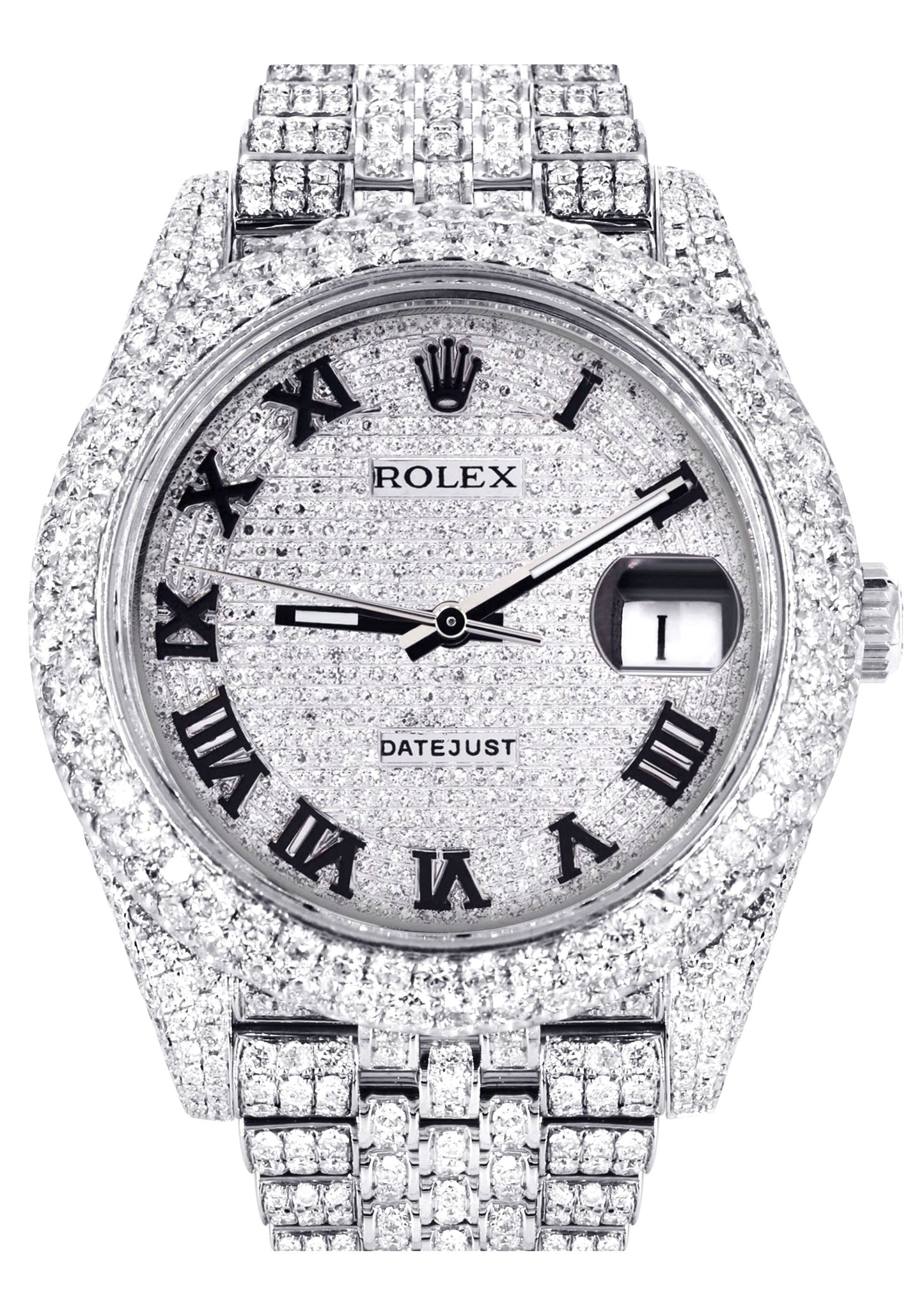 Womens Diamond Iced Out Rolex Datejust 41 | 25 Carats Of Diamonds | Custom Roman Numeral Diamond Dial | Two Row | Jubilee Band