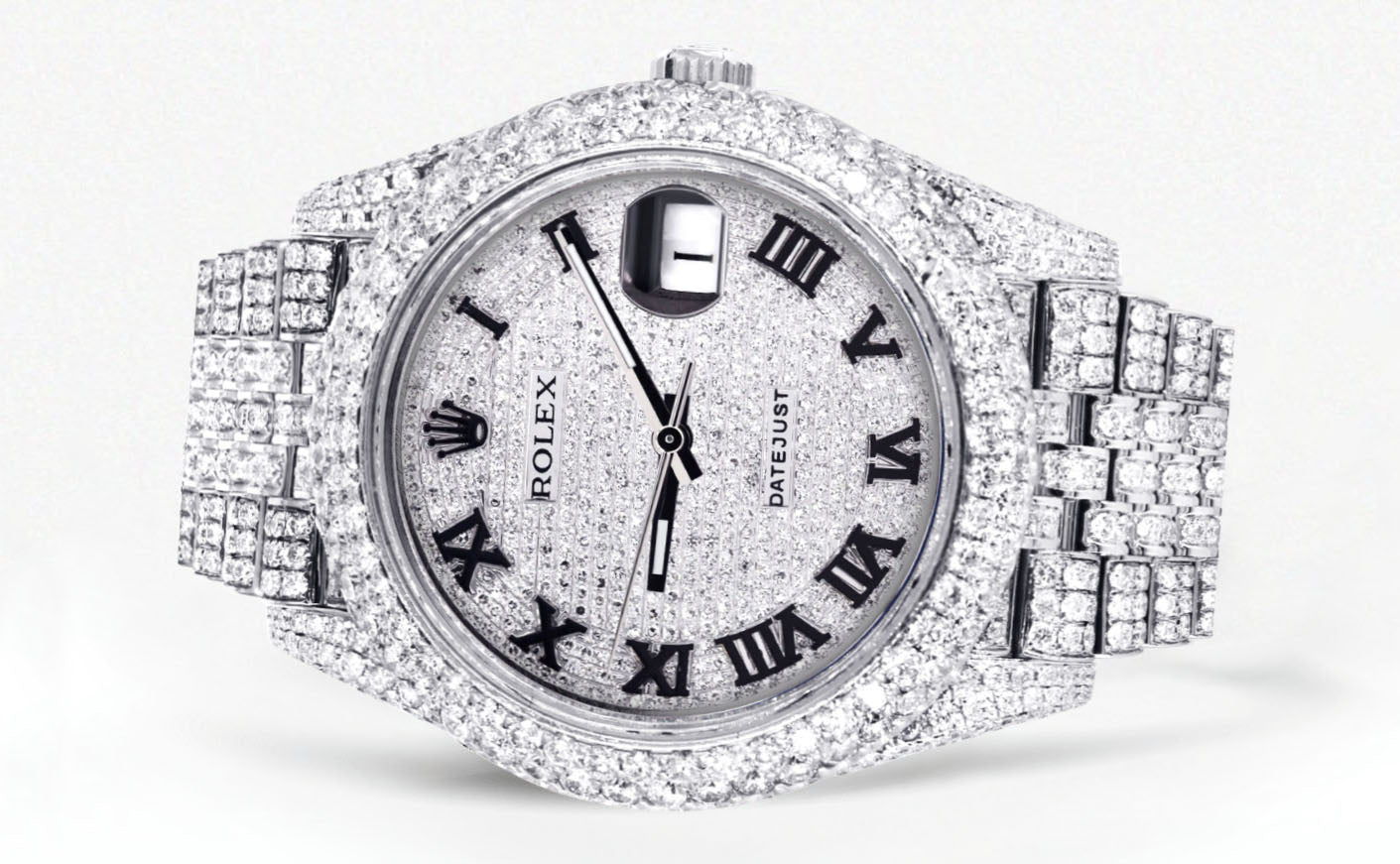 Womens Diamond Iced Out Rolex Datejust 41 | 25 Carats Of Diamonds | Custom Roman Numeral Diamond Dial | Two Row | Jubilee Band