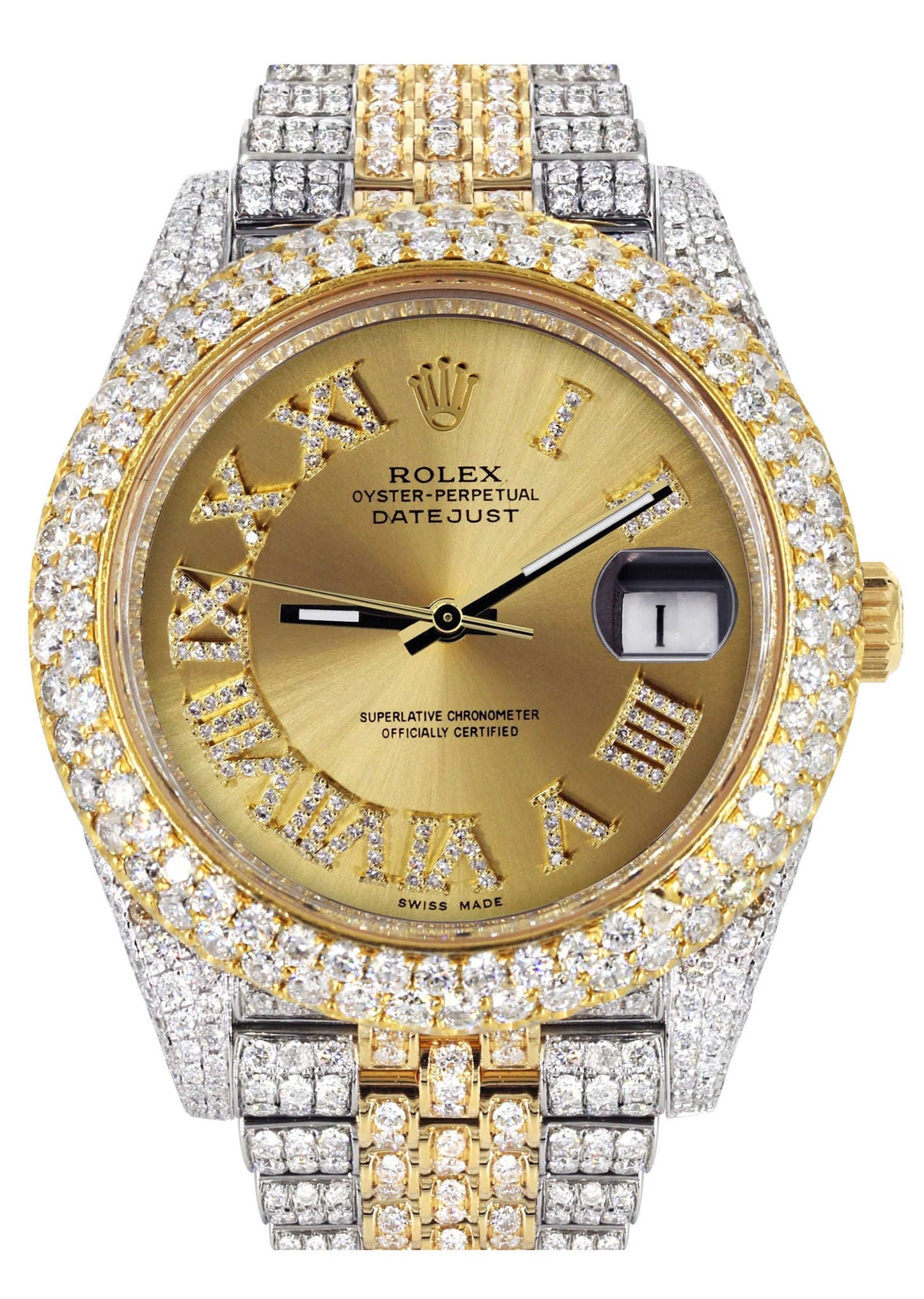 Womens Diamond Iced Out Rolex Datejust 41 | 25 Carats Of Diamonds | Custom Gold Roman Numeral Diamond Dial | Two Tone | Two Row | Jubilee Band