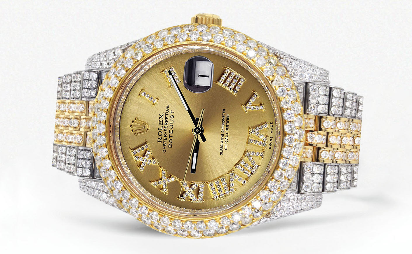 Womens Diamond Iced Out Rolex Datejust 41 | 25 Carats Of Diamonds | Custom Gold Roman Numeral Diamond Dial | Two Tone | Two Row | Jubilee Band