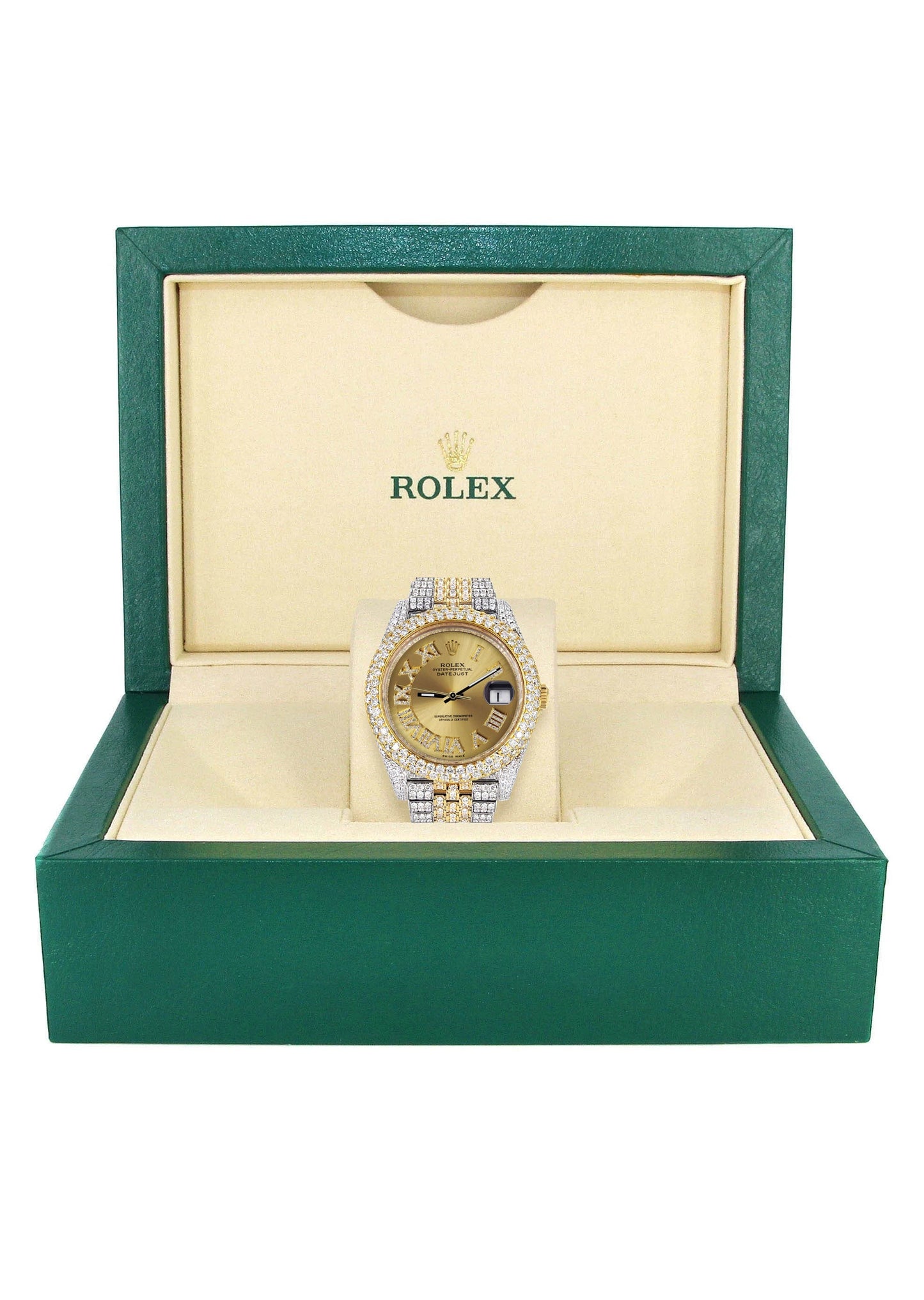 Womens Diamond Iced Out Rolex Datejust 41 | 25 Carats Of Diamonds | Custom Gold Roman Numeral Diamond Dial | Two Tone | Two Row | Jubilee Band