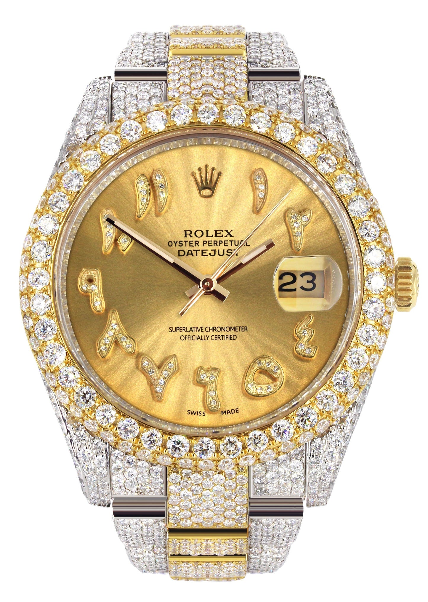 Womens Diamond Iced Out Rolex Datejust 41 | 25 Carats Of Diamonds | Custom Gold Arabic Numeral Diamond Dial | Two Tone | Two Row | Oyster Band