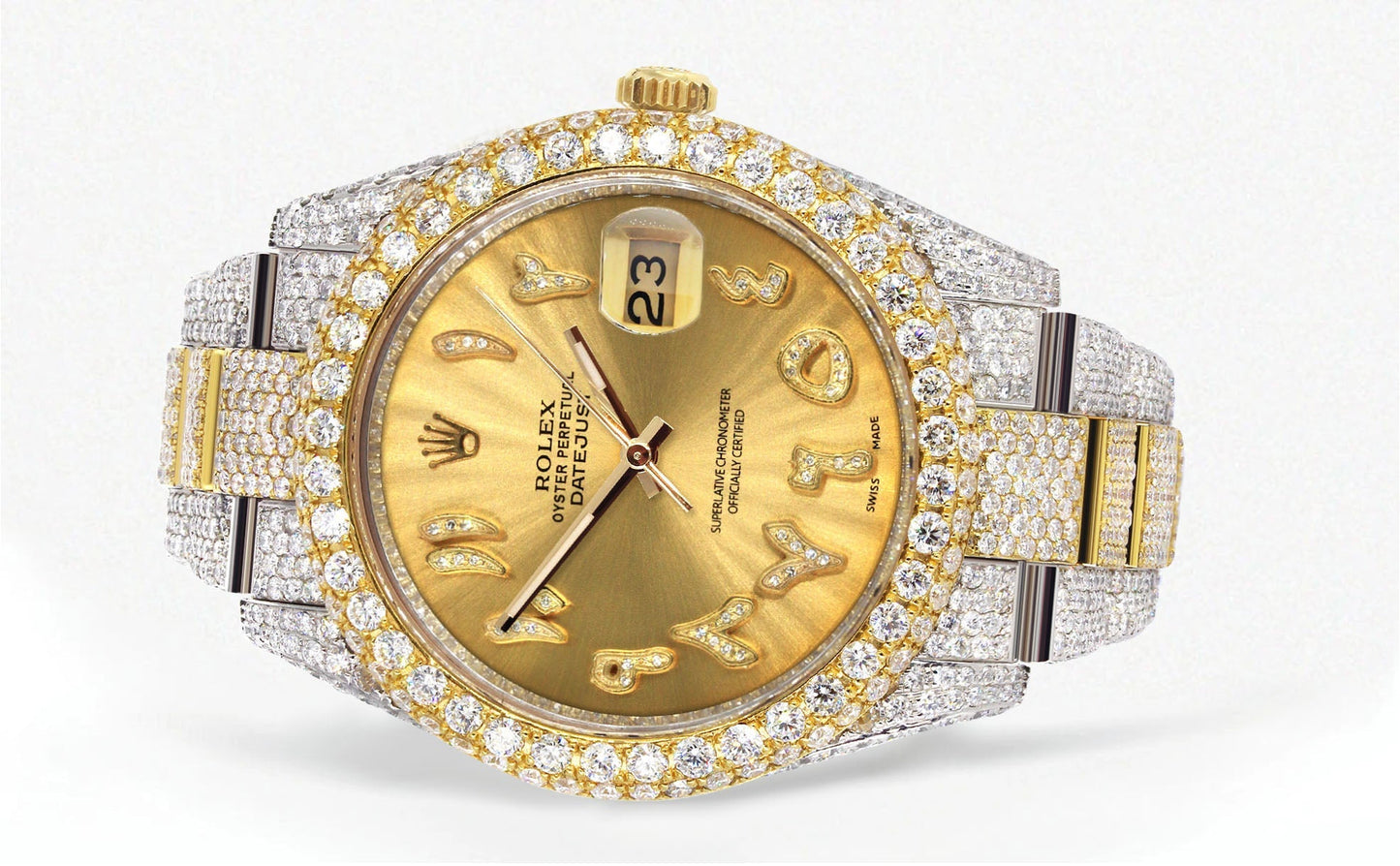Womens Diamond Iced Out Rolex Datejust 41 | 25 Carats Of Diamonds | Custom Gold Arabic Numeral Diamond Dial | Two Tone | Two Row | Oyster Band