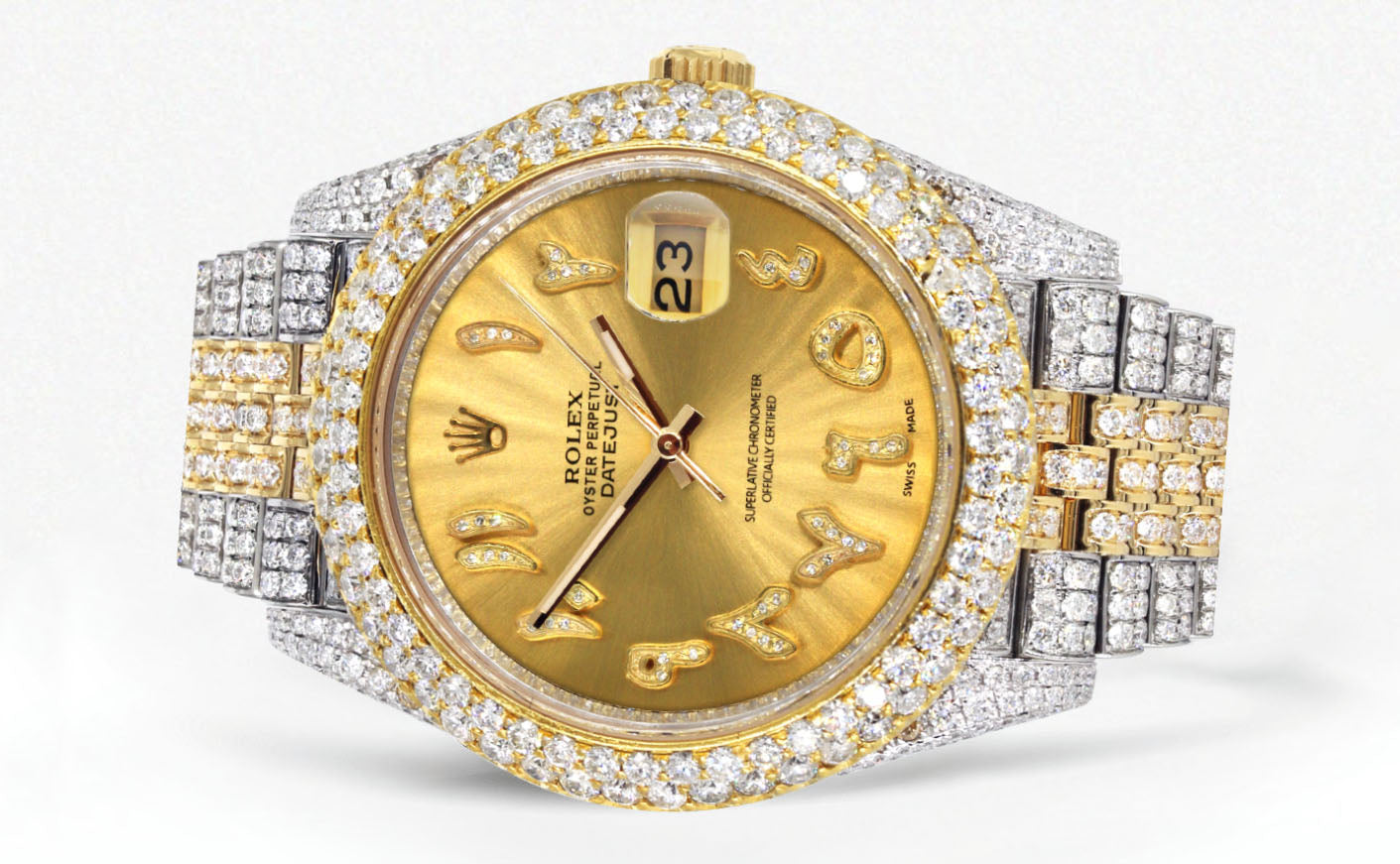 Womens Diamond Iced Out Rolex Datejust 41 | 25 Carats Of Diamonds | Custom Gold Arabic Numeral Diamond Dial | Two Tone | Two Row | Jubilee Band