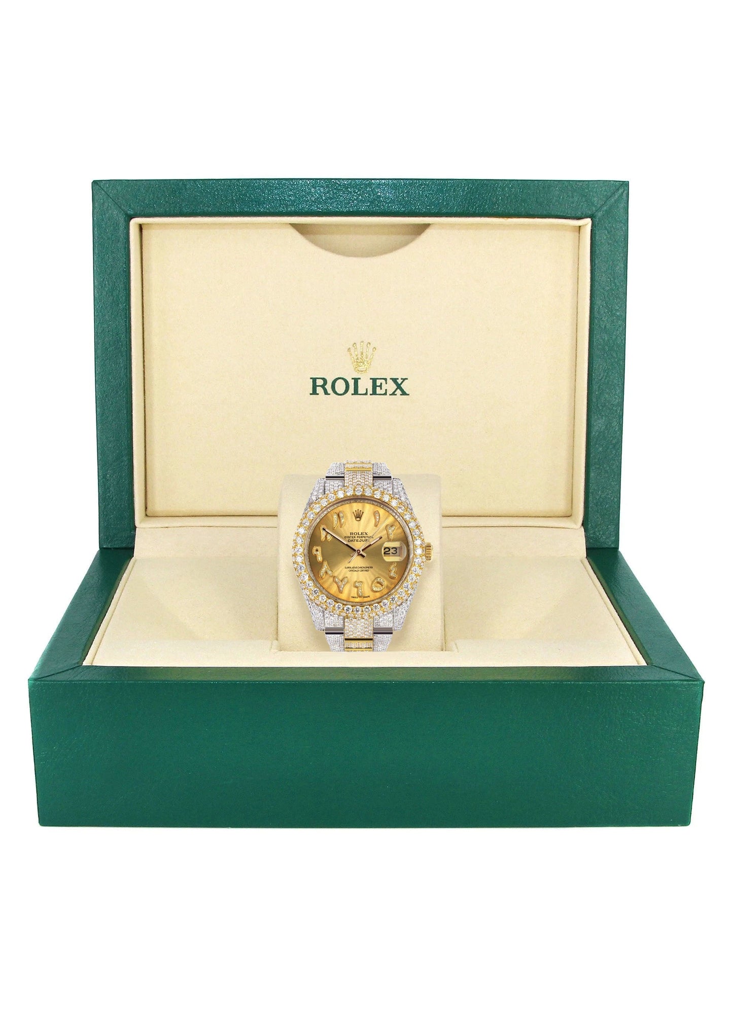 Womens Diamond Iced Out Rolex Datejust 41 | 25 Carats Of Diamonds | Custom Gold Arabic Numeral Diamond Dial | Two Tone | Two Row | Oyster Band