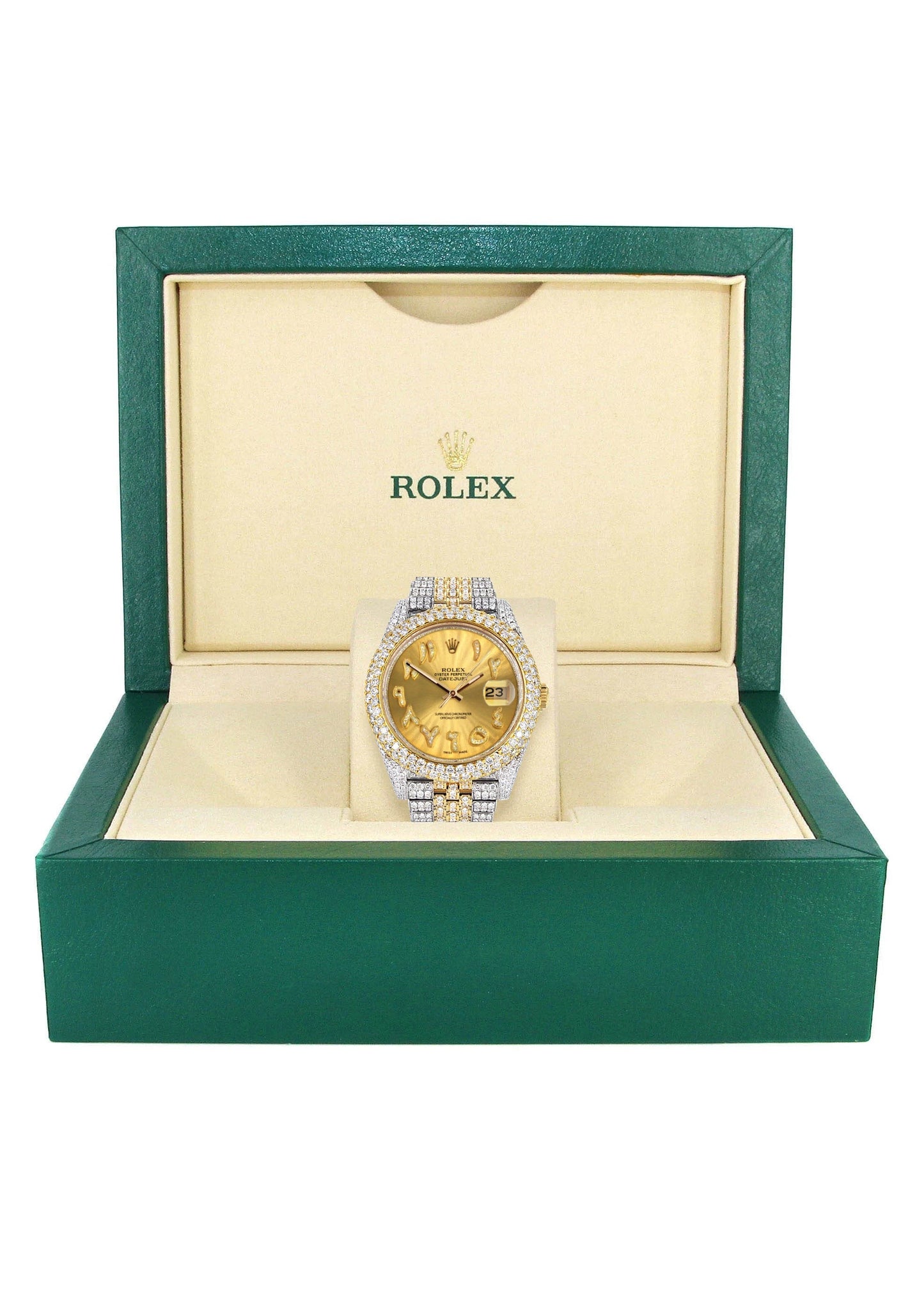 Womens Diamond Iced Out Rolex Datejust 41 | 25 Carats Of Diamonds | Custom Gold Arabic Numeral Diamond Dial | Two Tone | Two Row | Jubilee Band