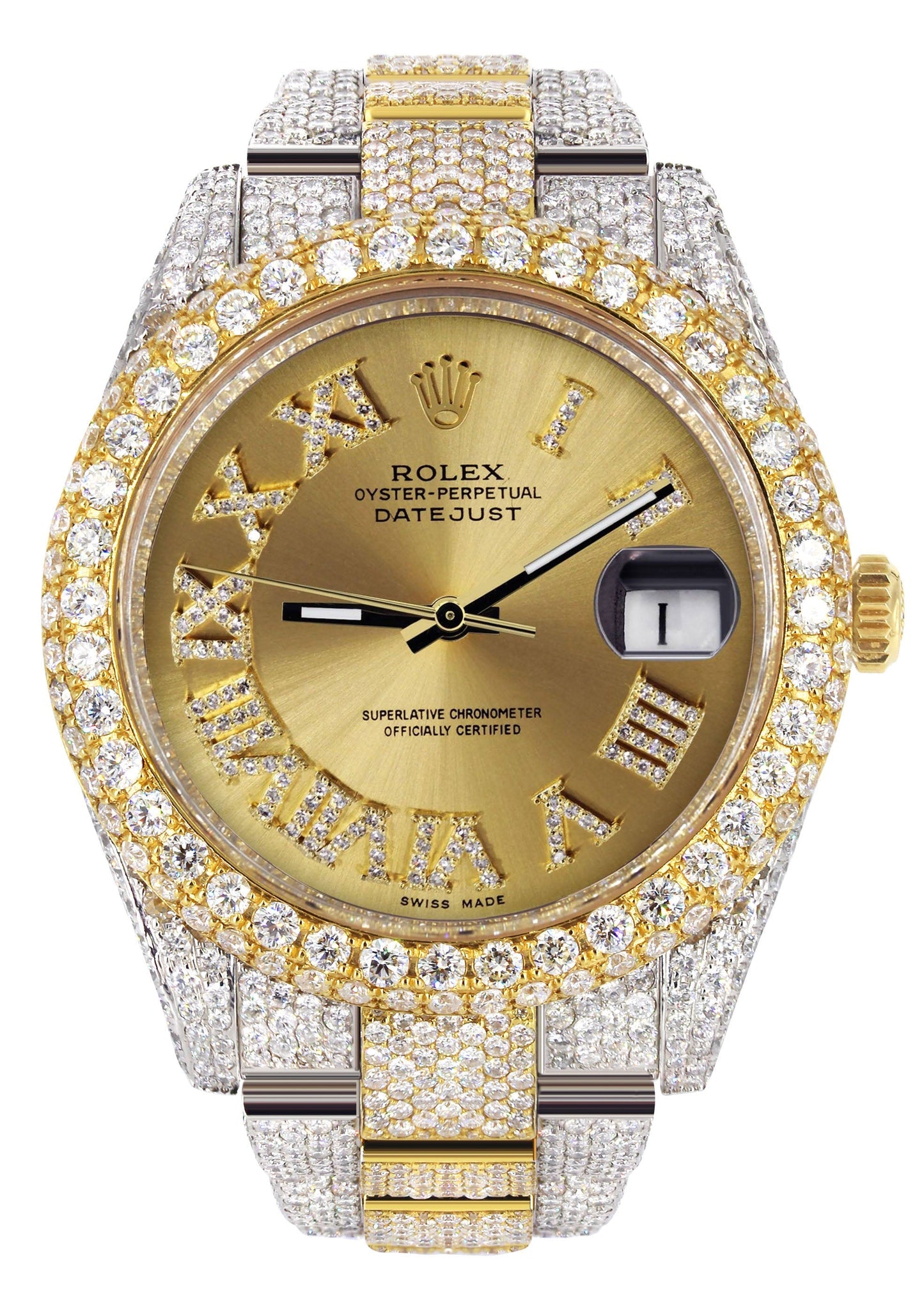 Womens Diamond Iced Out Rolex Datejust 41 | 25 Carats Of Diamonds | Custom Gold Roman Numeral Diamond Dial | Two Tone | Two Row | Oyster Band