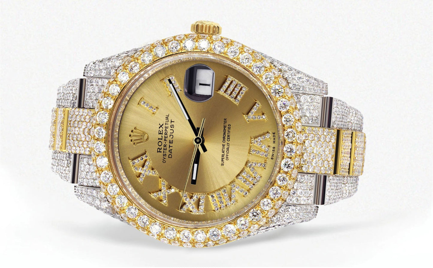 Womens Diamond Iced Out Rolex Datejust 41 | 25 Carats Of Diamonds | Custom Gold Roman Numeral Diamond Dial | Two Tone | Two Row | Oyster Band