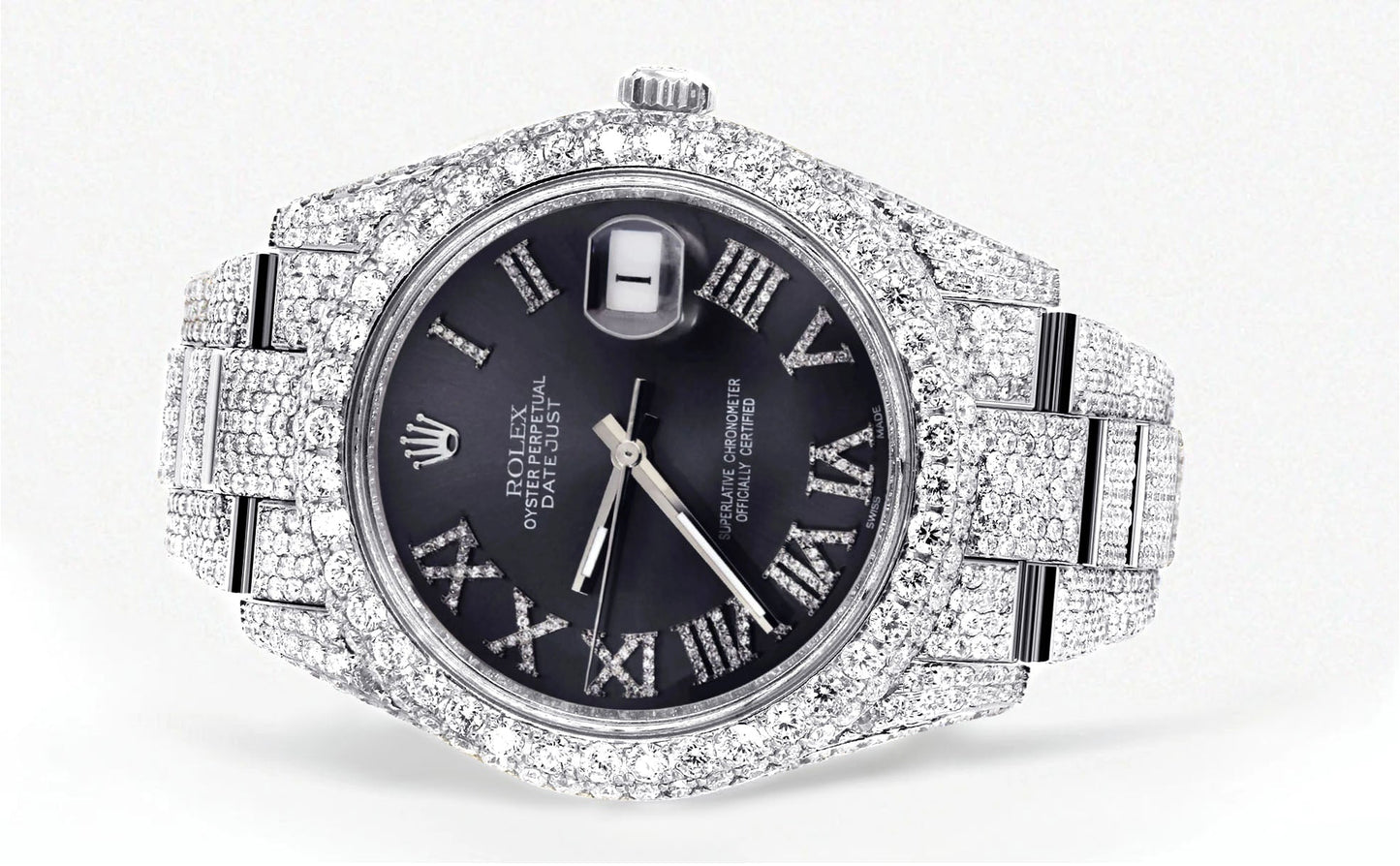Womens Diamond Iced Out Rolex Datejust 41 | 25 Carats Of Diamonds | Custom Grey Roman Numeral Diamond Dial | Two Row | Oyster Band