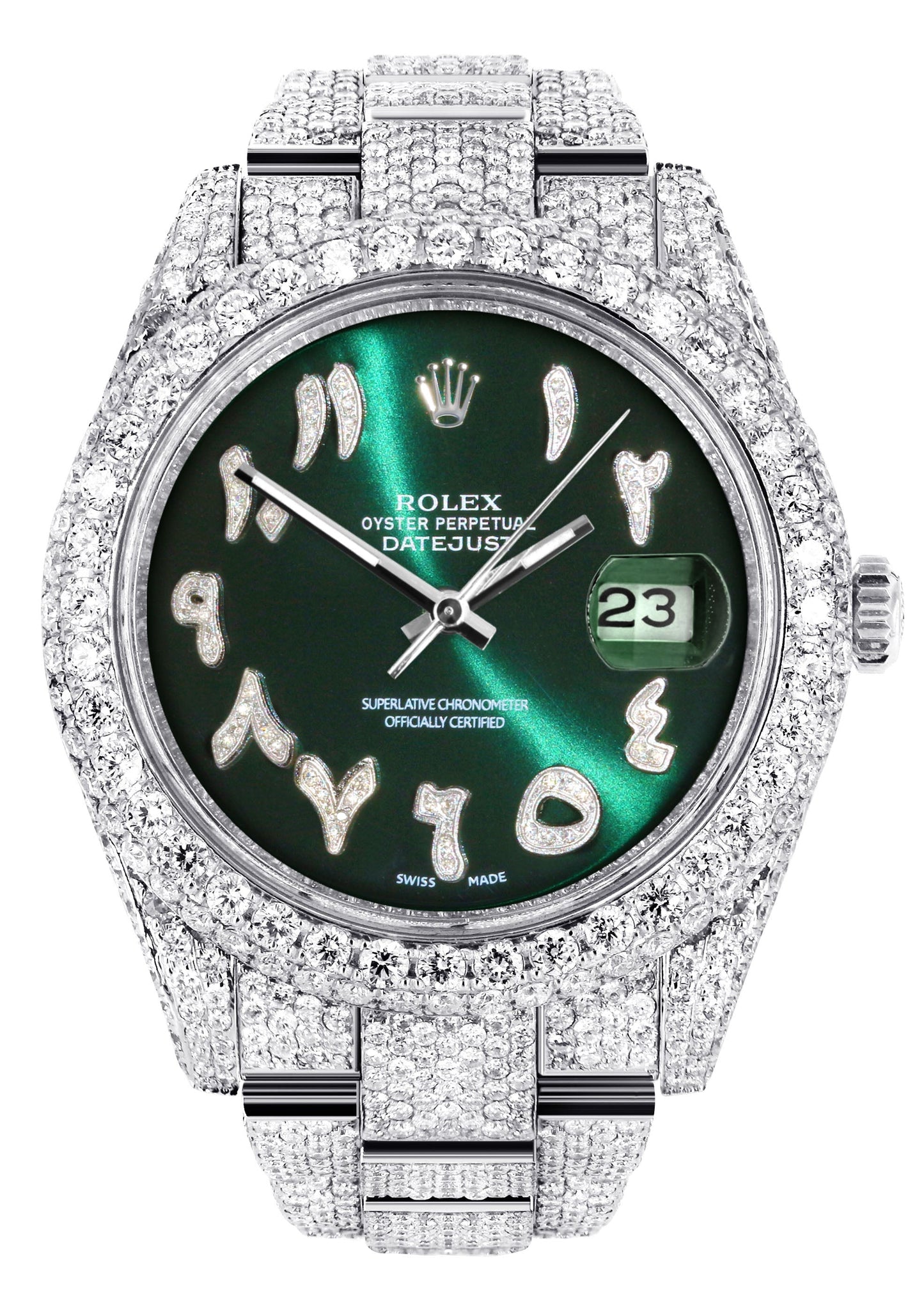 Womens Diamond Iced Out Rolex Datejust 41 | 25 Carats Of Diamonds | Custom Green Arabic Numeral Diamond Dial | Two Row | Oyster Band
