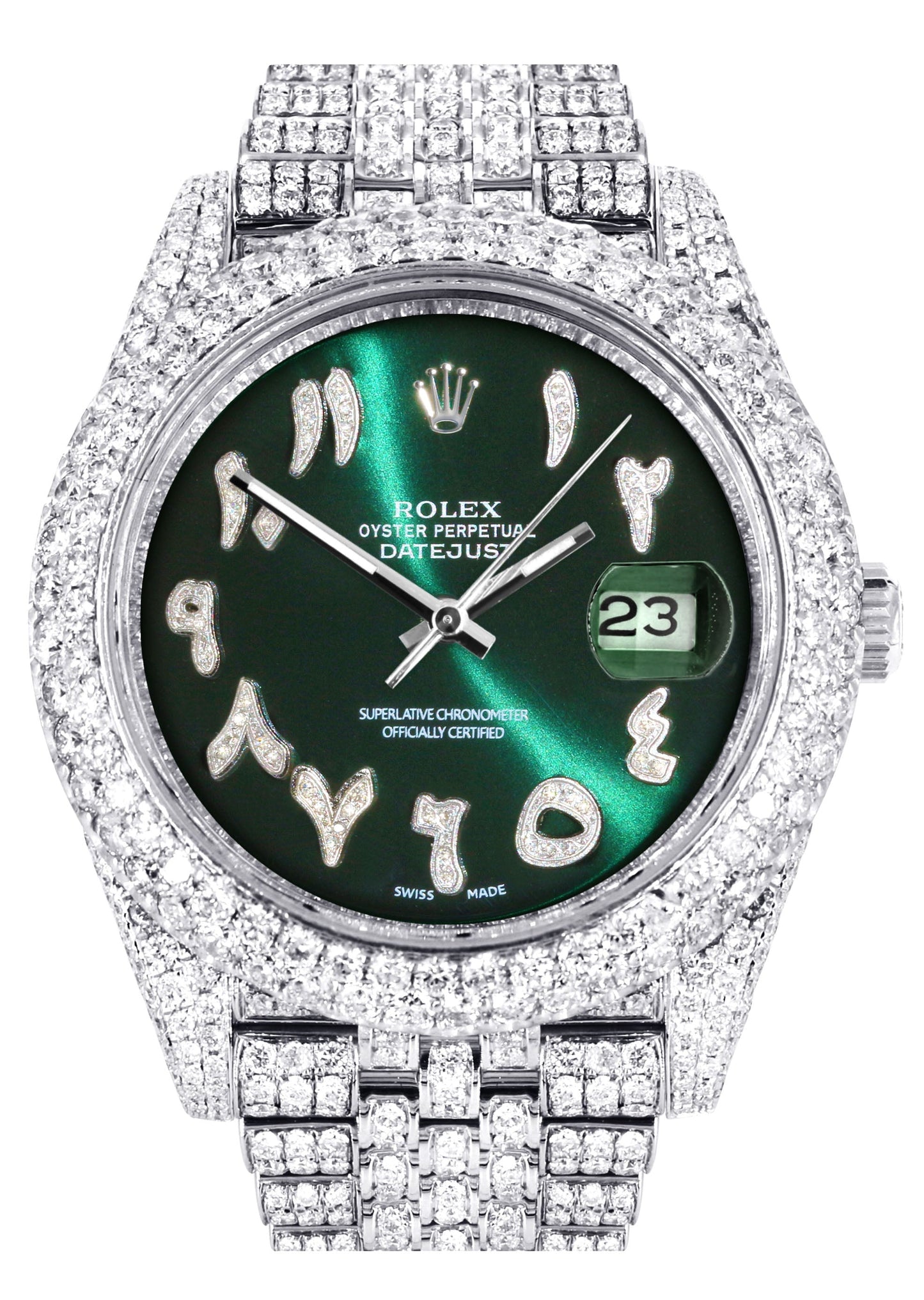 Womens Diamond Iced Out Rolex Datejust 41 | 25 Carats Of Diamonds | Custom Green Arabic Numeral Diamond Dial | Two Row | Jubilee Band