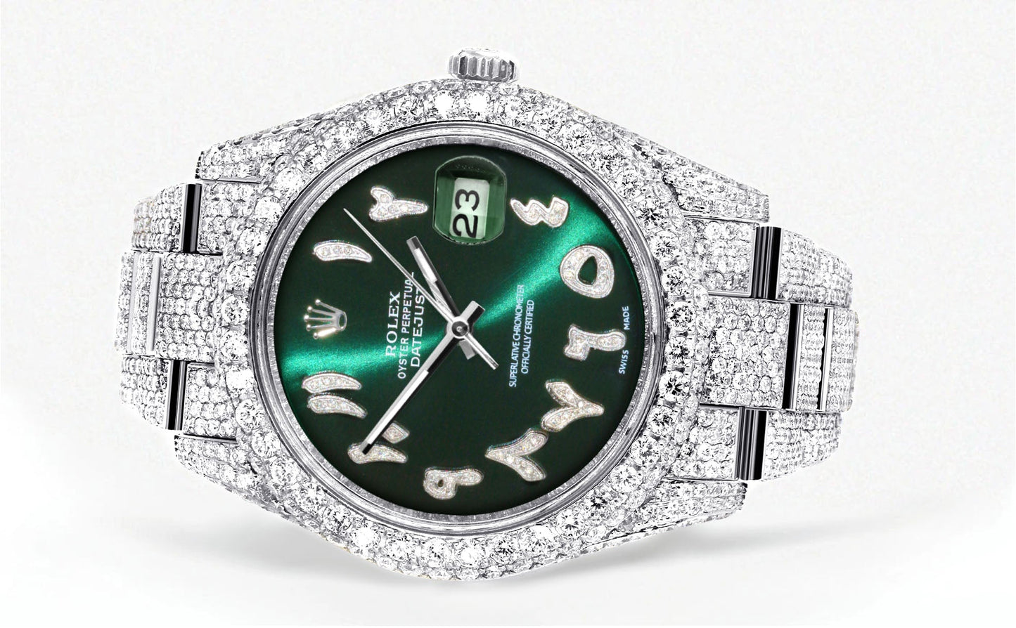 Womens Diamond Iced Out Rolex Datejust 41 | 25 Carats Of Diamonds | Custom Green Arabic Numeral Diamond Dial | Two Row | Oyster Band