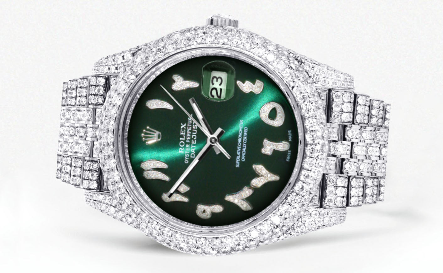Womens Diamond Iced Out Rolex Datejust 41 | 25 Carats Of Diamonds | Custom Green Arabic Numeral Diamond Dial | Two Row | Jubilee Band