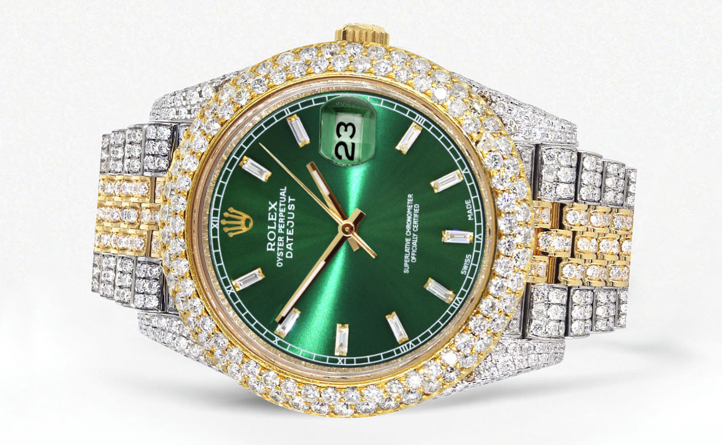 Womens Diamond Iced Out Rolex Datejust 41 | 25 Carats Of Diamonds | Custom Green Diamond Dial | Two Tone | Two Row | Jubilee Band