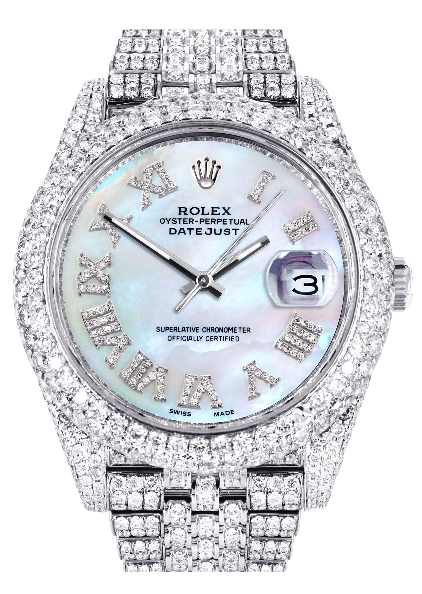 Womens Diamond Iced Out Rolex Datejust 41 | 25 Carats Of Diamonds | Custom Mother Of Pearl Dial | Two Row | Jubilee Band