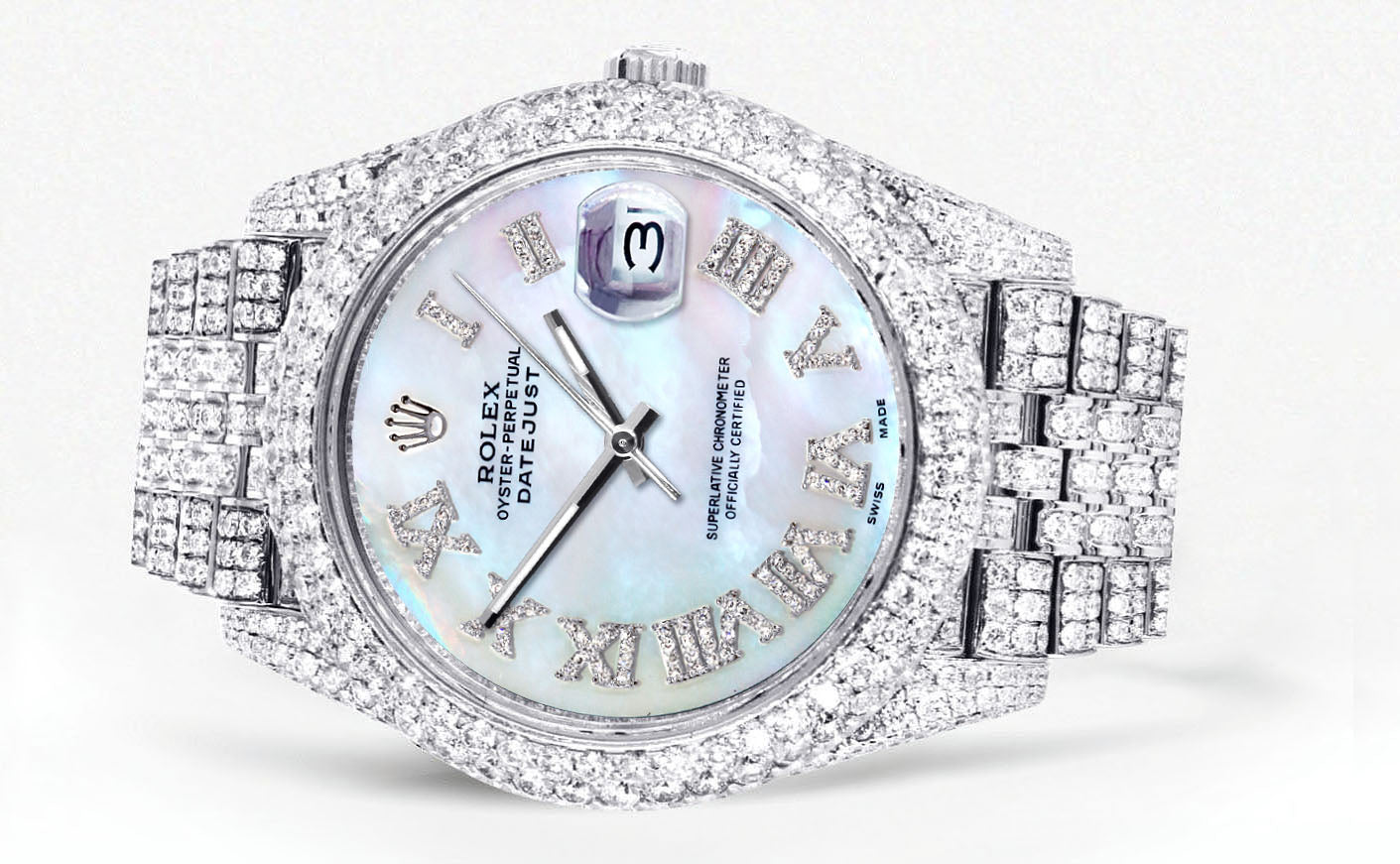 Womens Diamond Iced Out Rolex Datejust 41 | 25 Carats Of Diamonds | Custom Mother Of Pearl Dial | Two Row | Jubilee Band