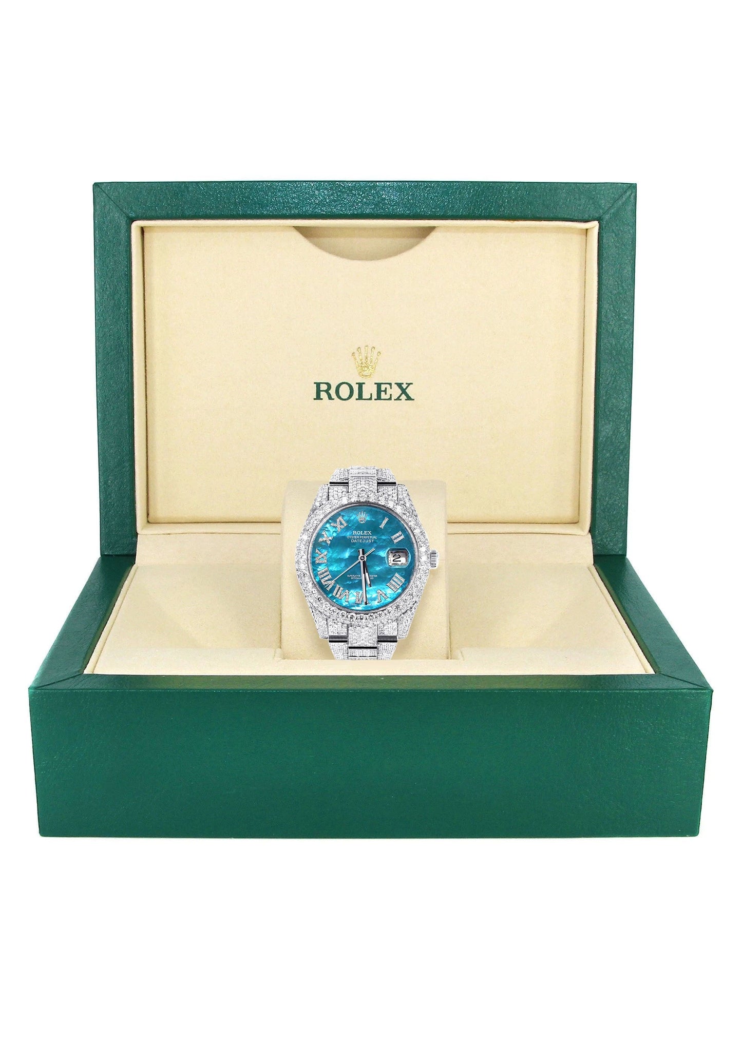 Womens Diamond Iced Out Rolex Datejust 41 | 25 Carats Of Diamonds | Aquamarine Mother of Pearl Dial | Two Row | Oyster Band