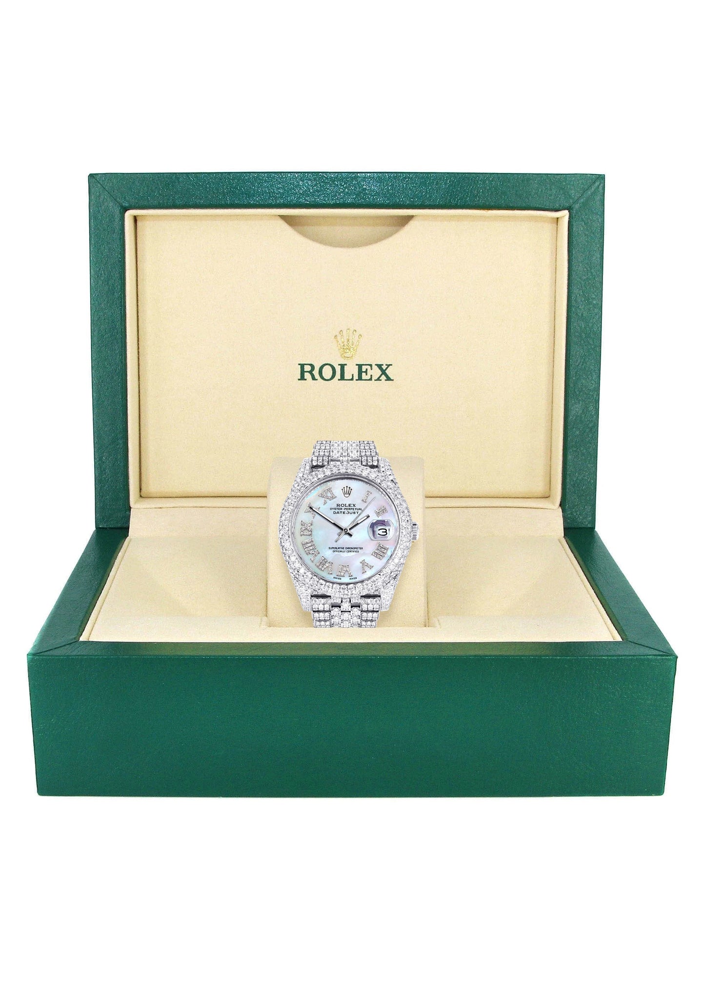 Womens Diamond Iced Out Rolex Datejust 41 | 25 Carats Of Diamonds | Custom Mother Of Pearl Dial | Two Row | Jubilee Band