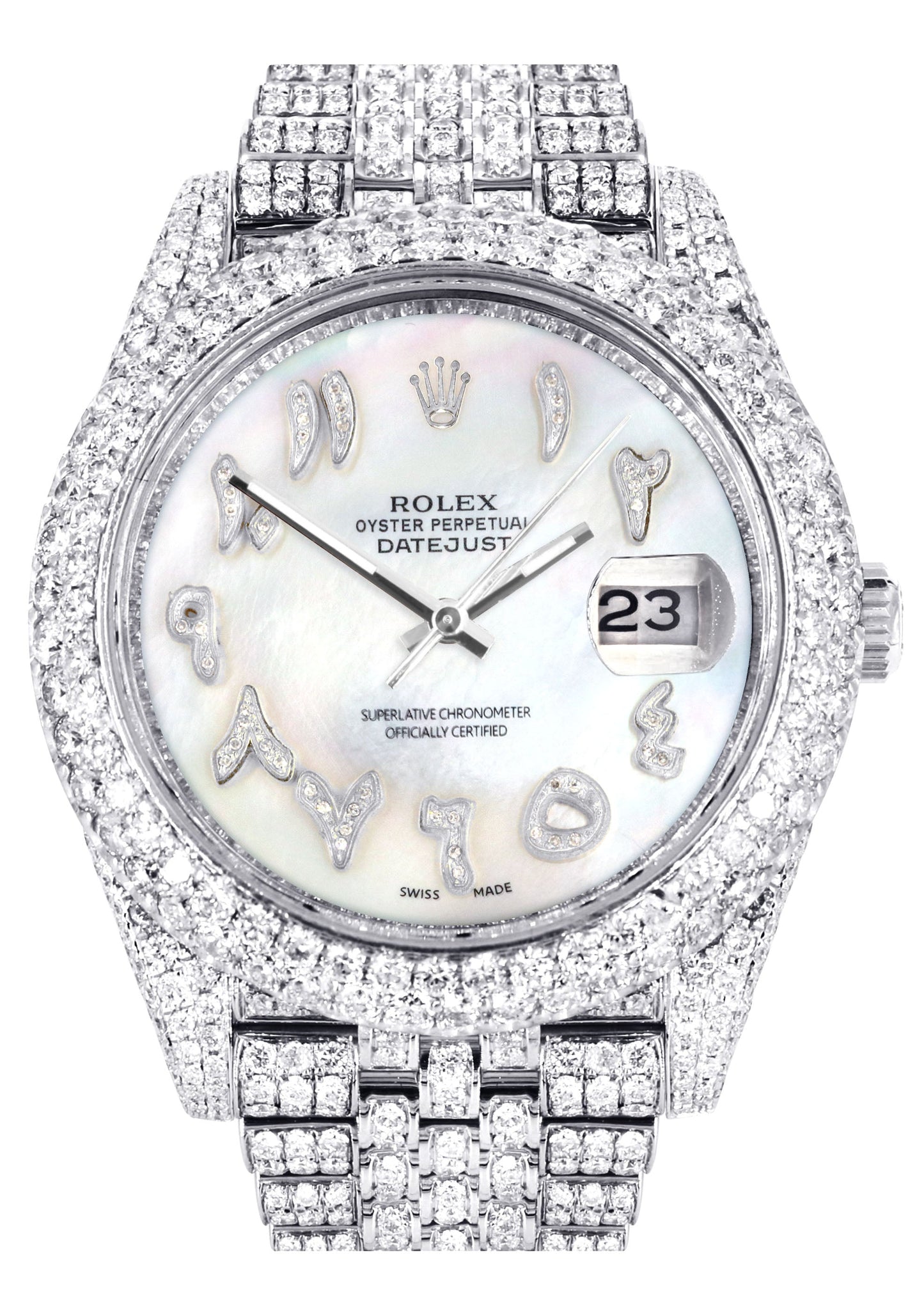 Womens Diamond Iced Out Rolex Datejust 41 | 25 Carats Of Diamonds | Custom Mother of Pearl Arabic Numeral Diamond Dial | Two Row | Jubilee Band
