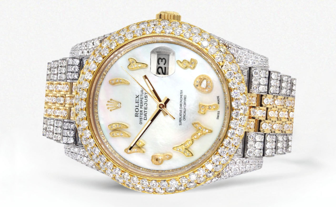 Womens Diamond Iced Out Rolex Datejust 41 | 25 Carats Of Diamonds | Custom Mother of Pearl Arabic Numeral Diamond Dial | Two Tone | Two Row | Jubilee Band
