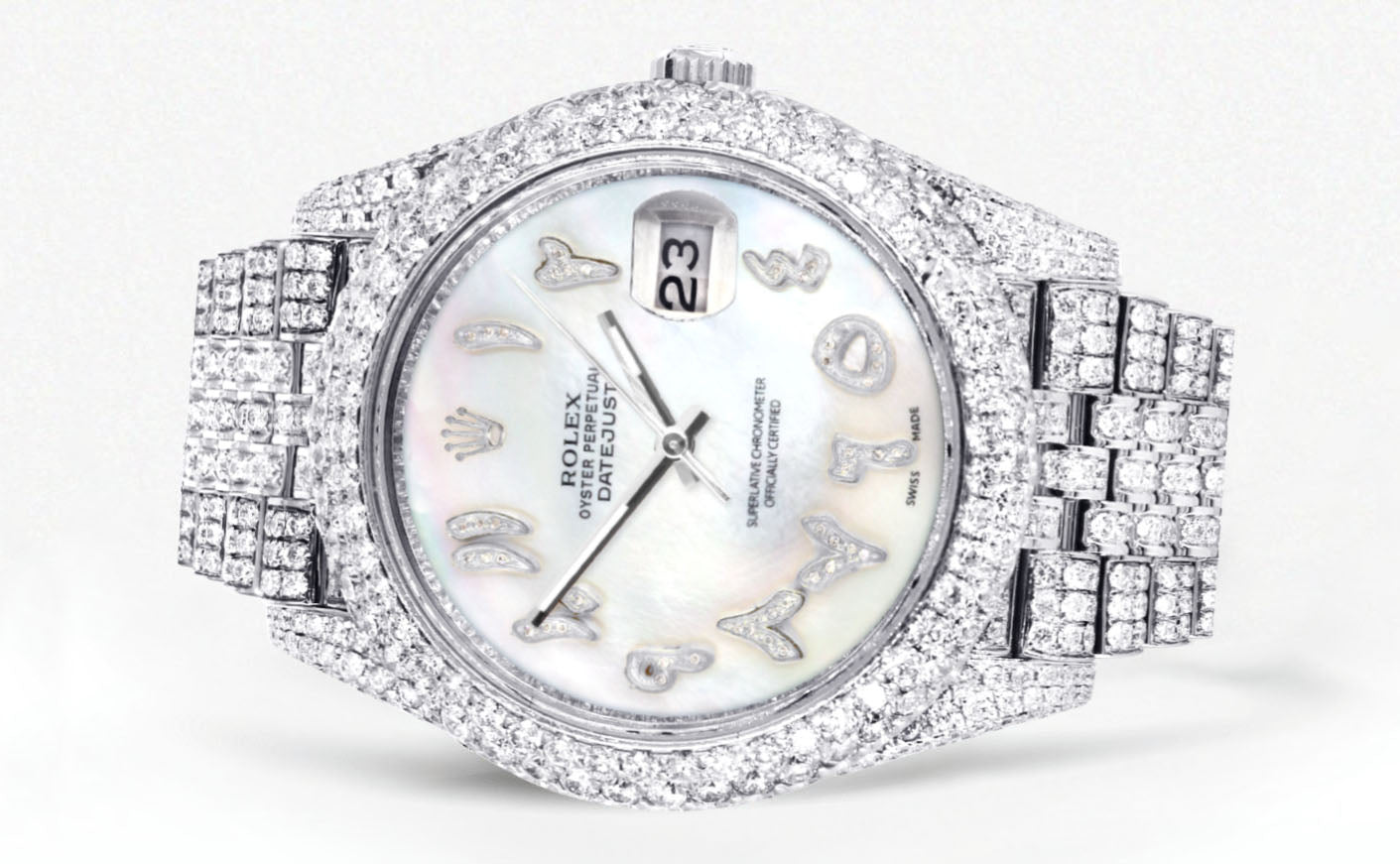 Womens Diamond Iced Out Rolex Datejust 41 | 25 Carats Of Diamonds | Custom Mother of Pearl Arabic Numeral Diamond Dial | Two Row | Jubilee Band