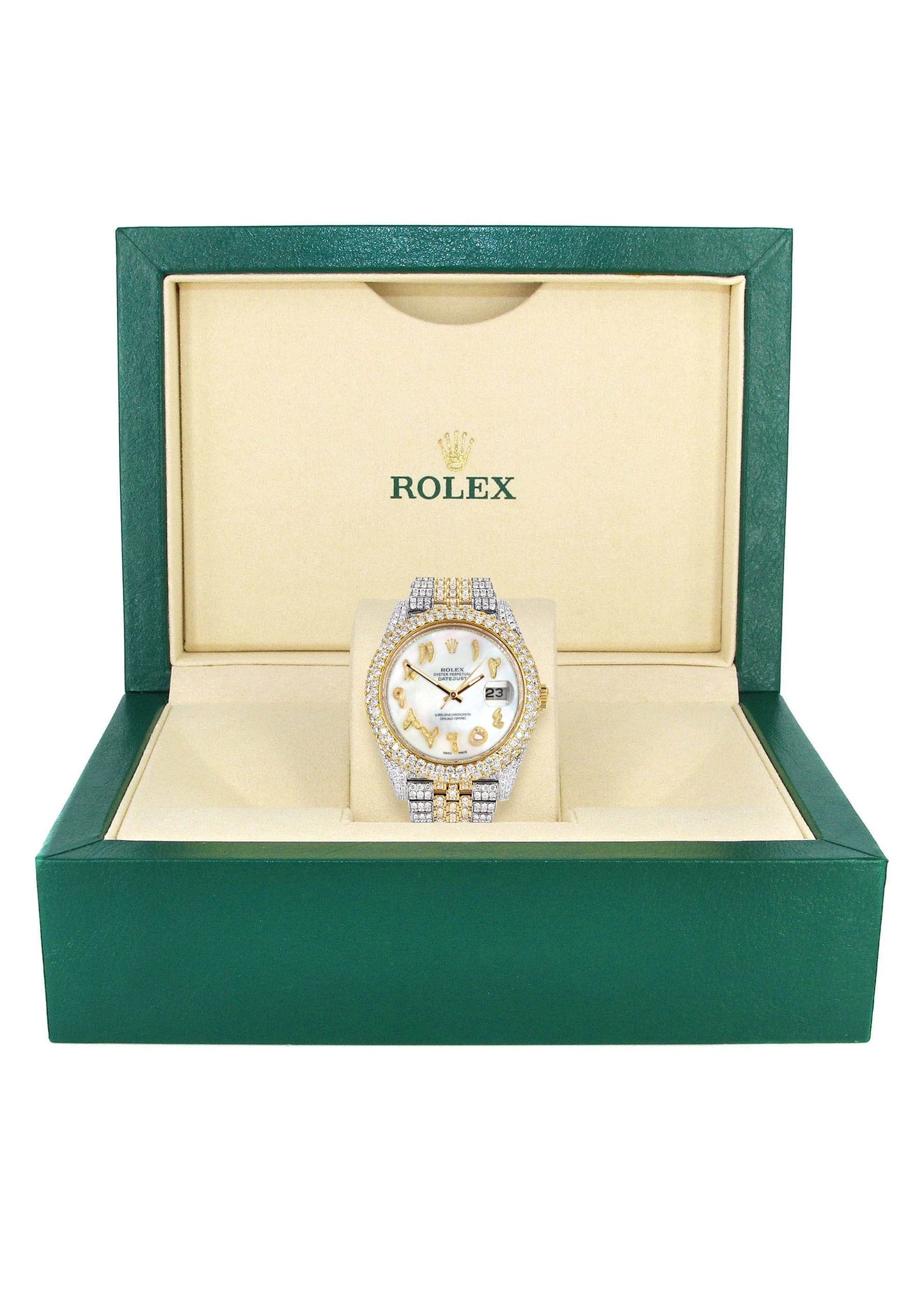 Womens Diamond Iced Out Rolex Datejust 41 | 25 Carats Of Diamonds | Custom Mother of Pearl Arabic Numeral Diamond Dial | Two Tone | Two Row | Jubilee Band