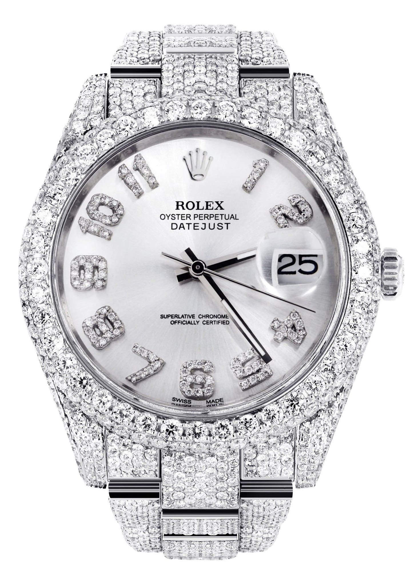 Womens Diamond Iced Out Rolex Datejust 41 | 25 Carats Of Diamonds | Custom Silver Diamond Dial | Two Row | Oyster Band