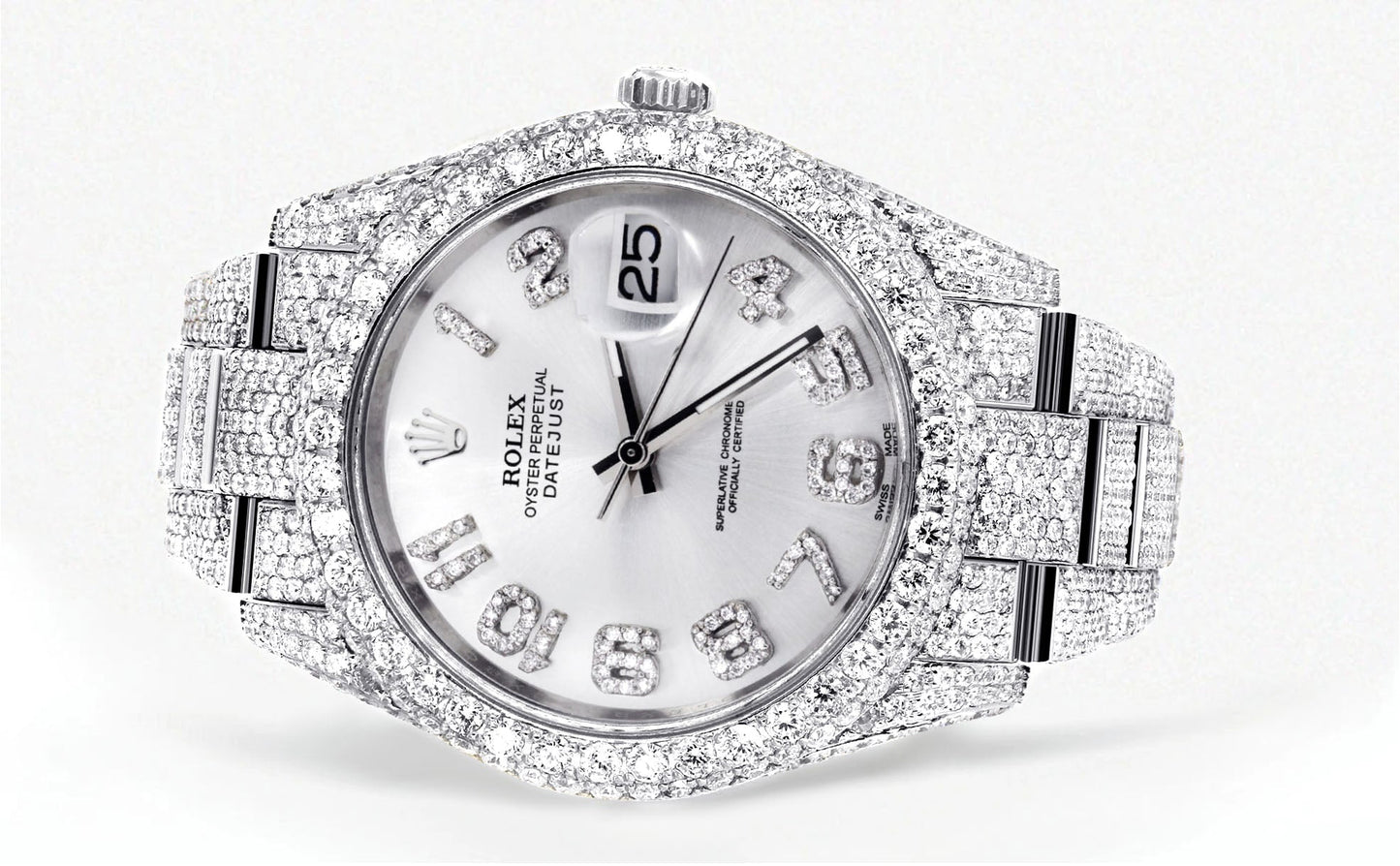 Womens Diamond Iced Out Rolex Datejust 41 | 25 Carats Of Diamonds | Custom Silver Diamond Dial | Two Row | Oyster Band