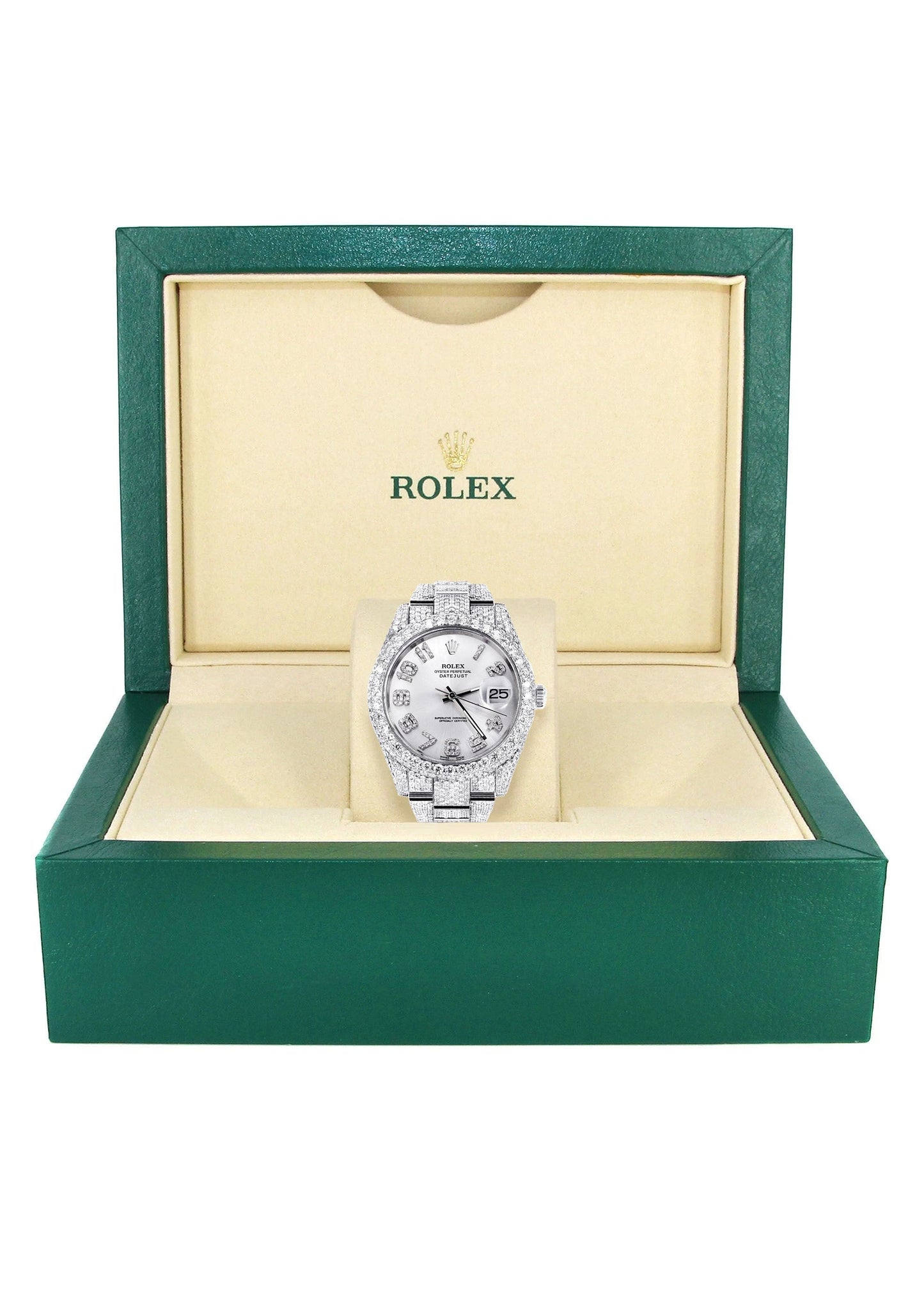 Womens Diamond Iced Out Rolex Datejust 41 | 25 Carats Of Diamonds | Custom Silver Diamond Dial | Two Row | Oyster Band