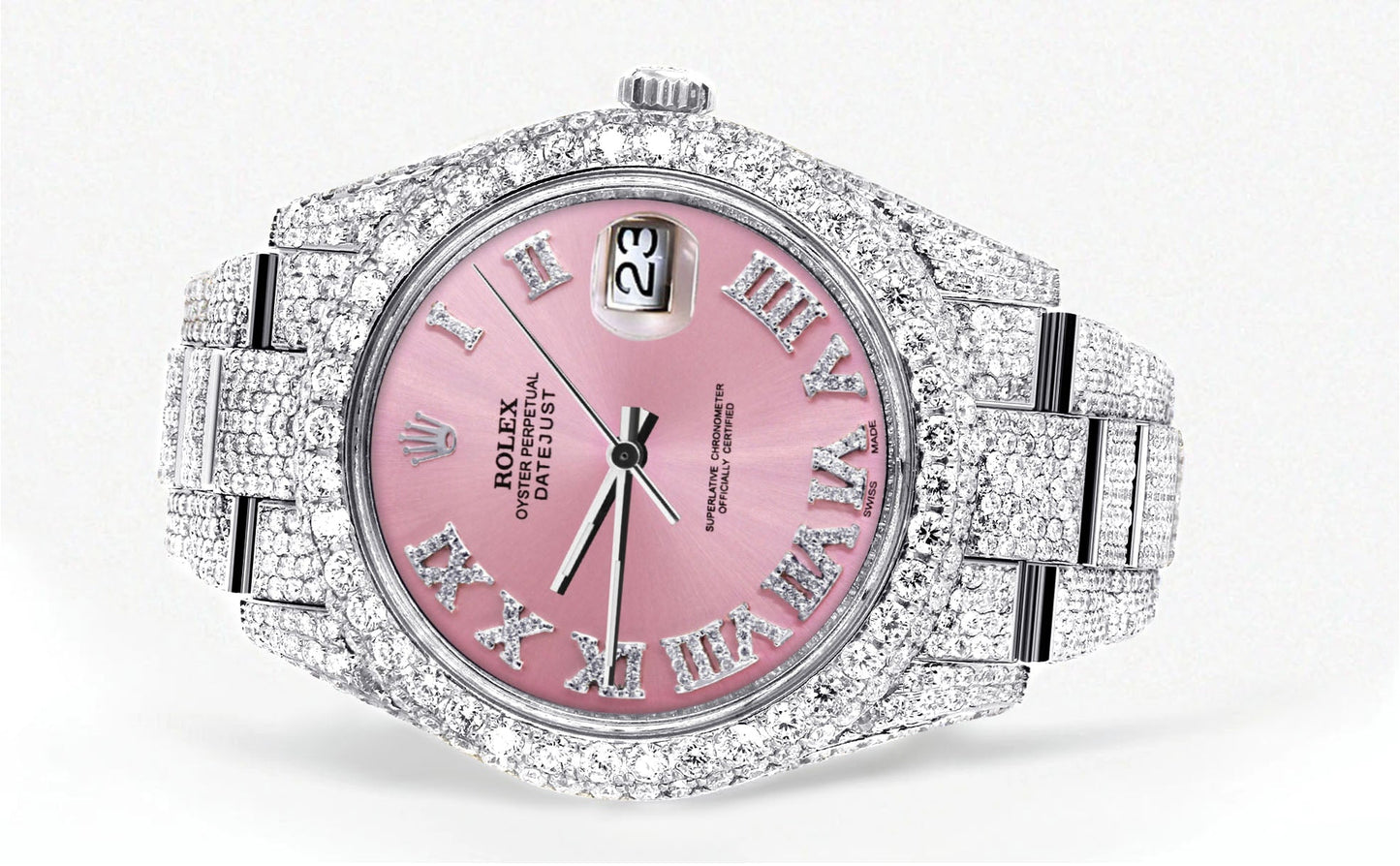 Womens Diamond Iced Out Rolex Datejust 41 | 25 Carats Of Diamonds | Custom Pink Roman Numeral Diamond Dial | Two Row | Oyster Band