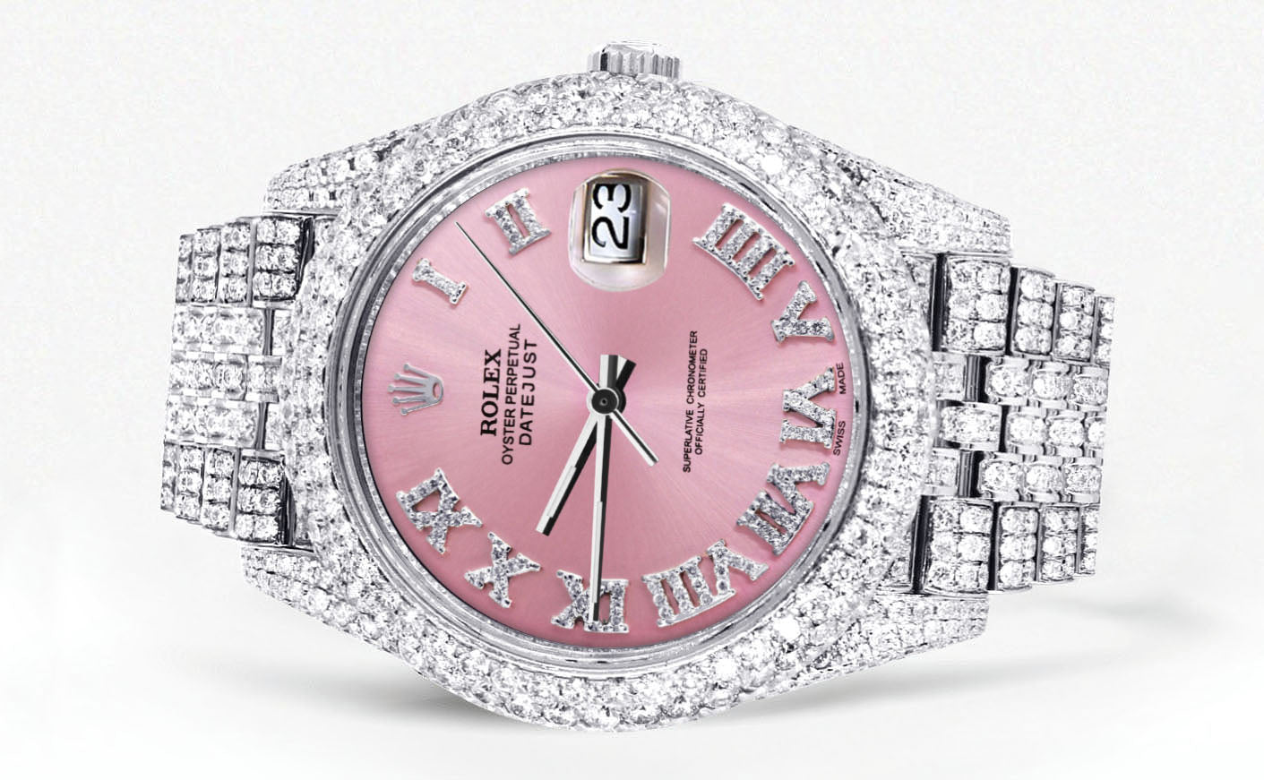 Womens Diamond Iced Out Rolex Datejust 41 | 25 Carats Of Diamonds | Custom Pink Roman Numeral Diamond Dial | Two Row | Jubilee Band