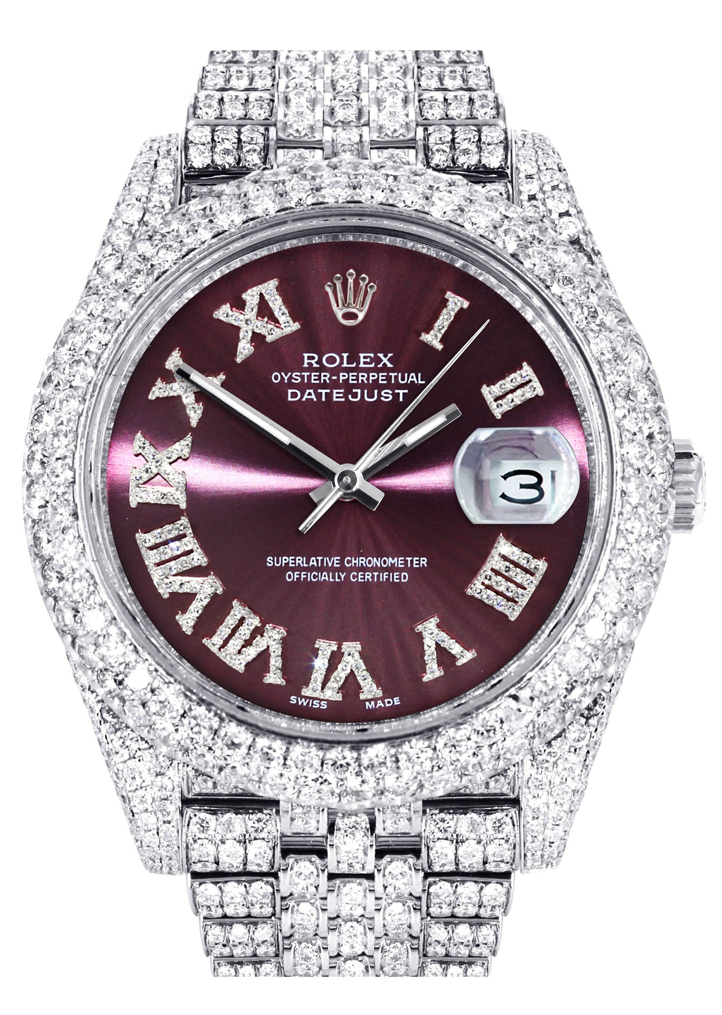 Womens Diamond Iced Out Rolex Datejust 41 | 25 Carats Of Diamonds | Custom Purple Dial | Two Row | Jubilee Band