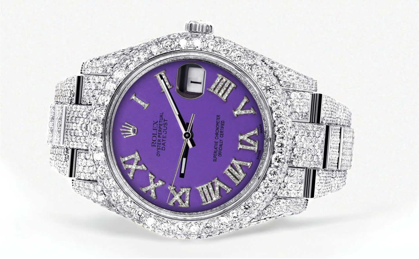 Womens Diamond Iced Out Rolex Datejust 41 | 25 Carats Of Diamonds | Custom Purple Roman Numeral Diamond Dial | Two Row | Oyster Band