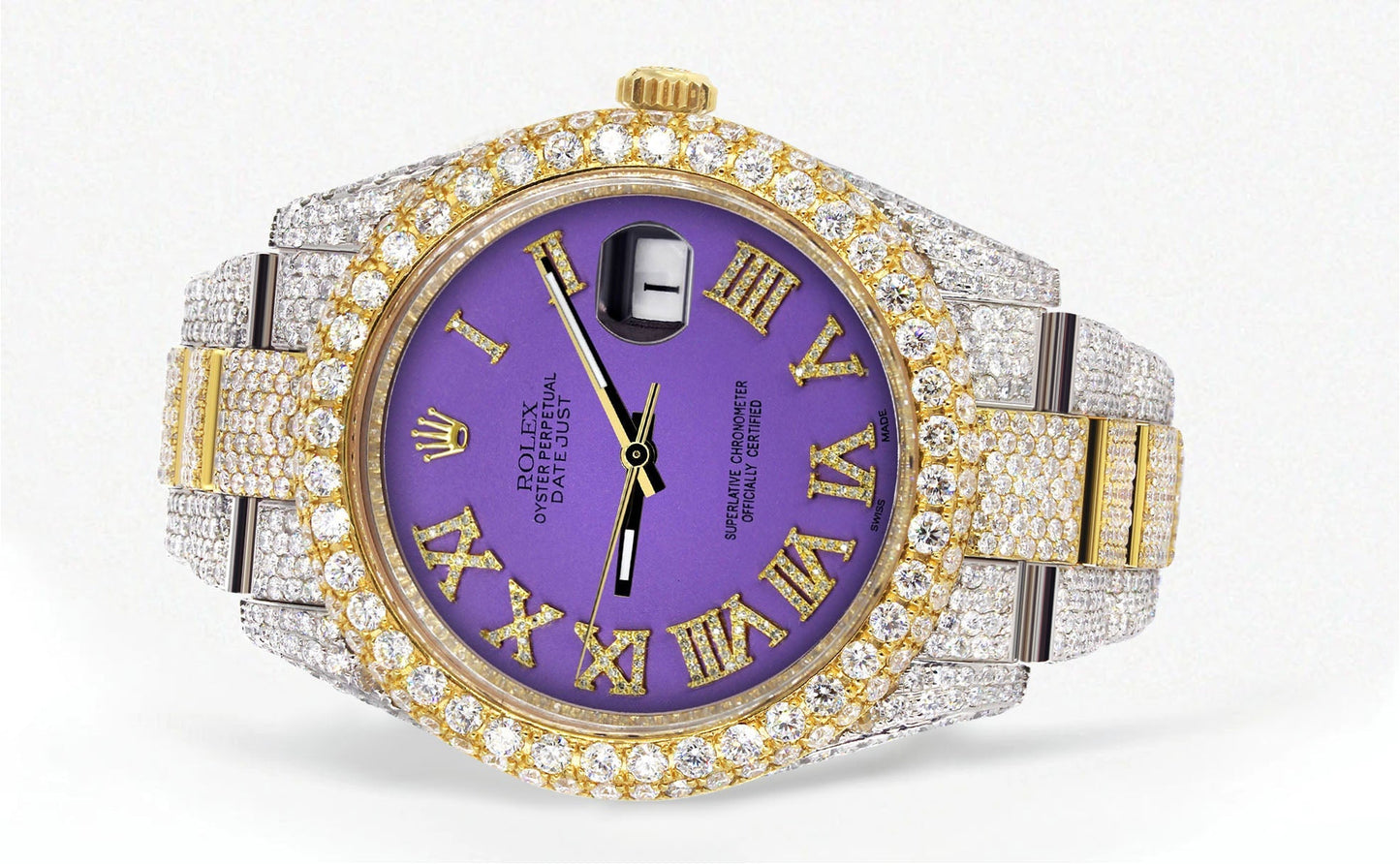 Womens Diamond Iced Out Rolex Datejust 41 | 25 Carats Of Diamonds | Custom Purple Roman Numeral Diamond Dial | Two Tone | Two Row | Oyster Band