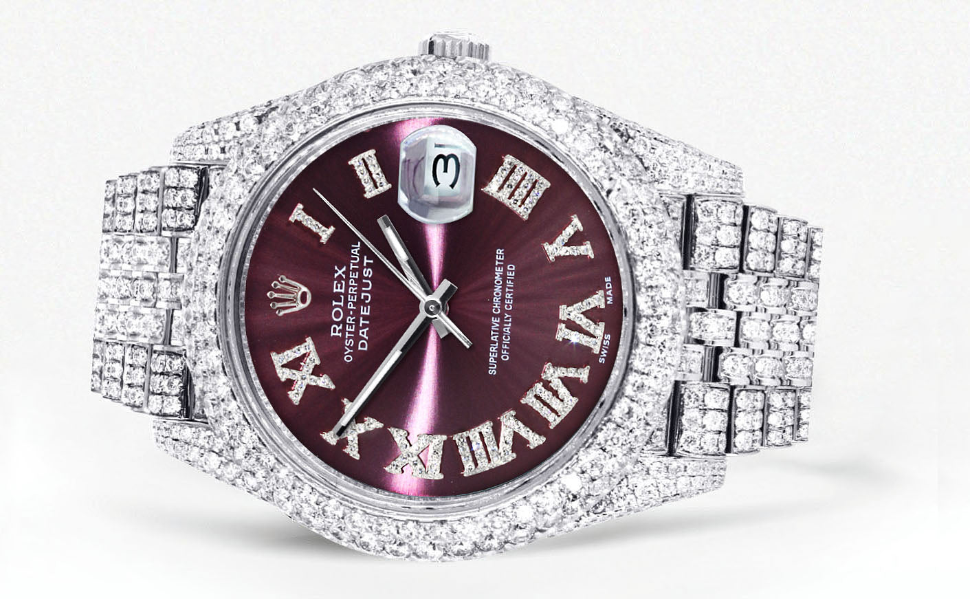 Womens Diamond Iced Out Rolex Datejust 41 | 25 Carats Of Diamonds | Custom Purple Dial | Two Row | Jubilee Band