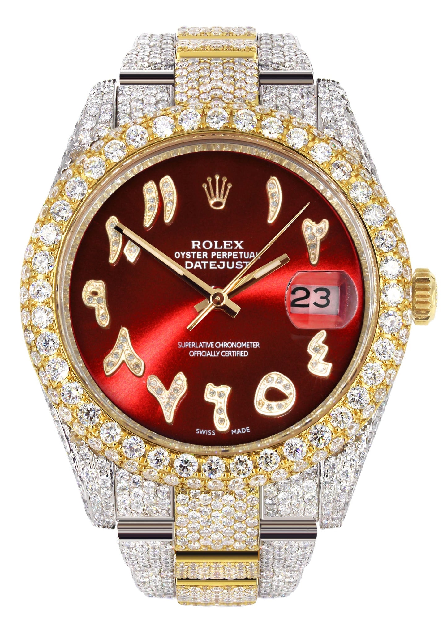 Womens Diamond Iced Out Rolex Datejust 41 | 25 Carats Of Diamonds | Custom Red Arabic Numeral Diamond Dial | Two Tone | Two Row | Oyster Band