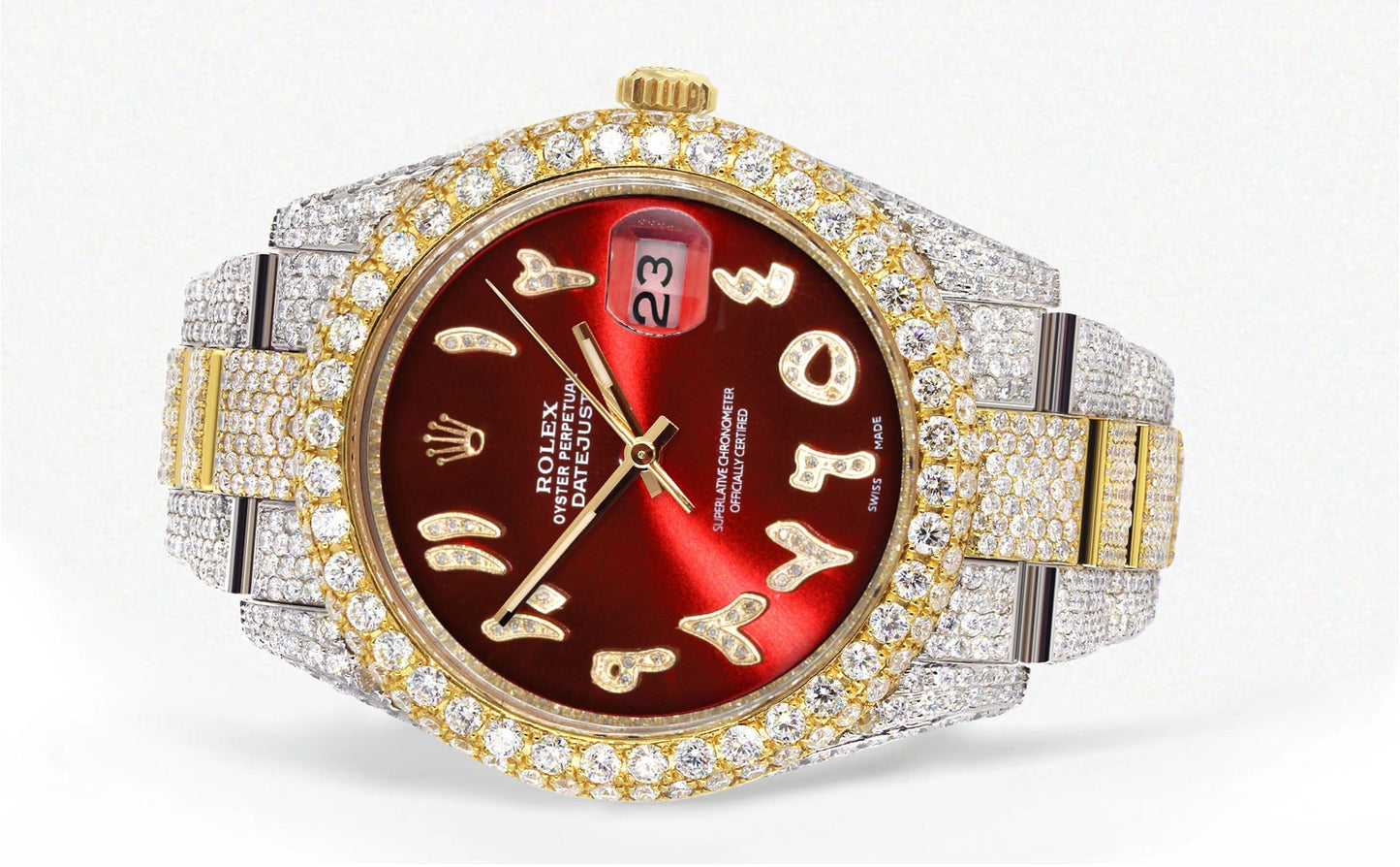 Womens Diamond Iced Out Rolex Datejust 41 | 25 Carats Of Diamonds | Custom Red Arabic Numeral Diamond Dial | Two Tone | Two Row | Oyster Band