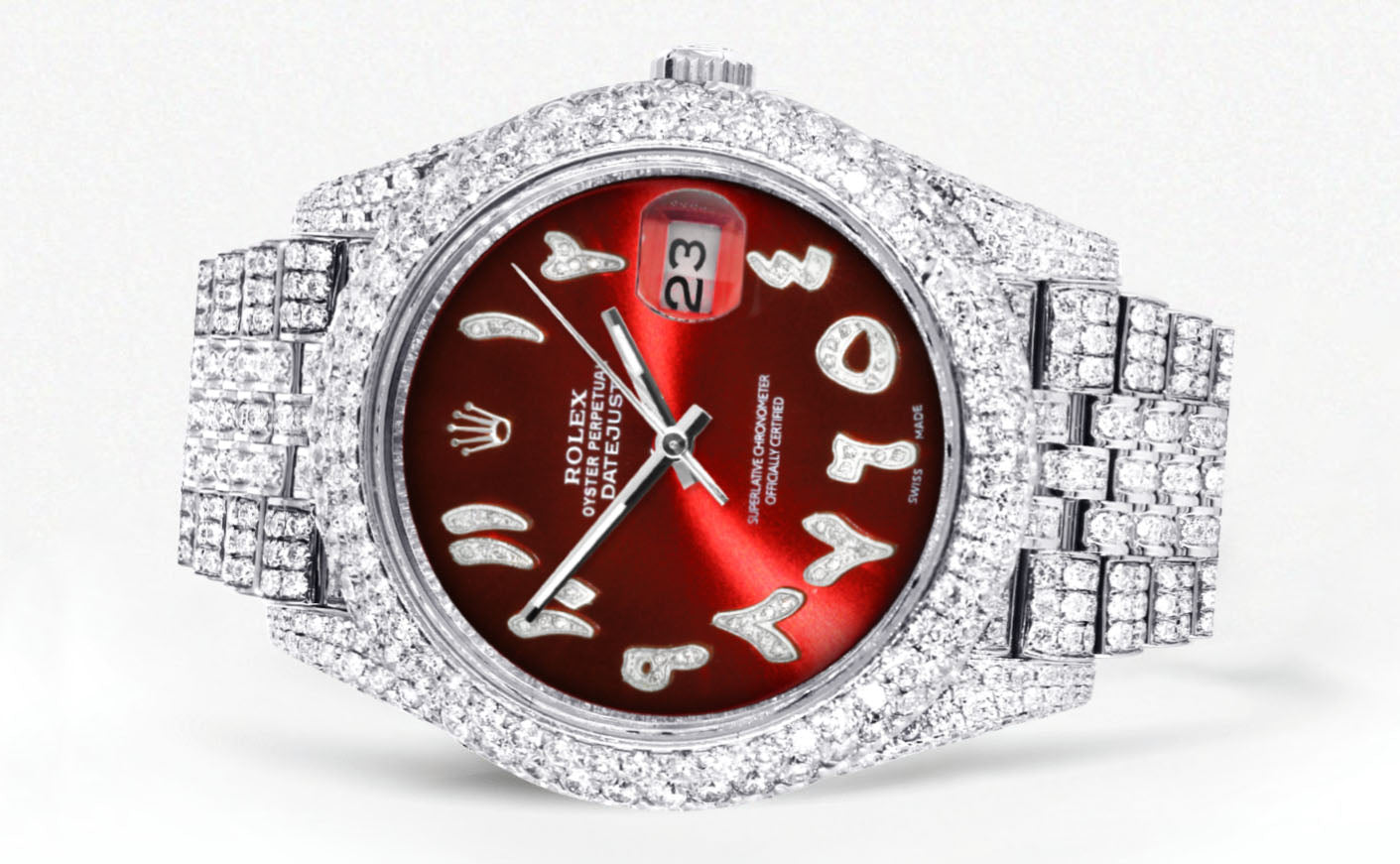 Womens Diamond Iced Out Rolex Datejust 41 | 25 Carats Of Diamonds | Custom Red Arabic Numeral Diamond Dial | Two Row | Jubilee Band