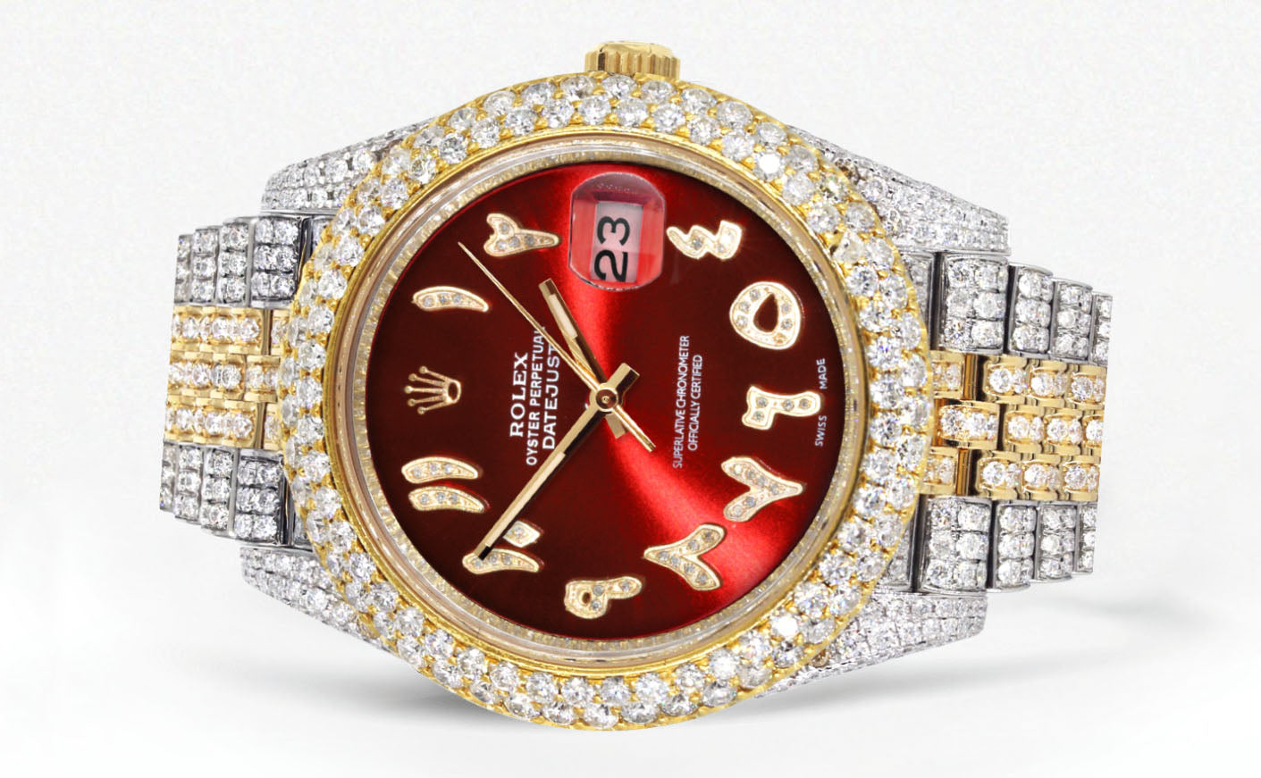 Womens Diamond Iced Out Rolex Datejust 41 | 25 Carats Of Diamonds | Custom Red Arabic Numeral Diamond Dial | Two Tone | Two Row | Jubilee Band