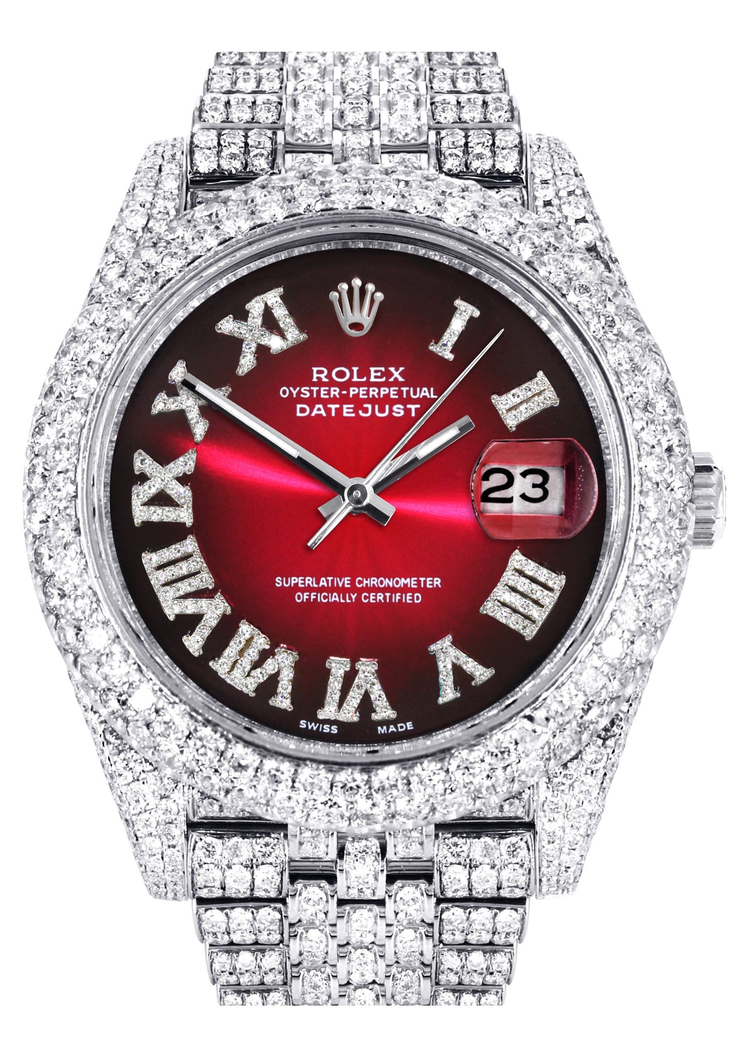 Womens Diamond Iced Out Rolex Datejust 41 | 25 Carats Of Diamonds | Custom Red Black Roman Numeral Dial | Two Row | Jubilee Band