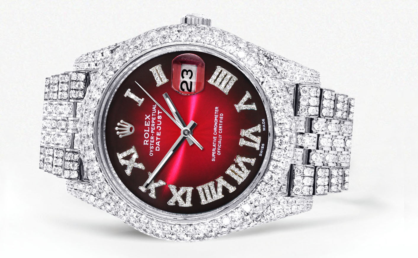 Womens Diamond Iced Out Rolex Datejust 41 | 25 Carats Of Diamonds | Custom Red Black Roman Numeral Dial | Two Row | Jubilee Band