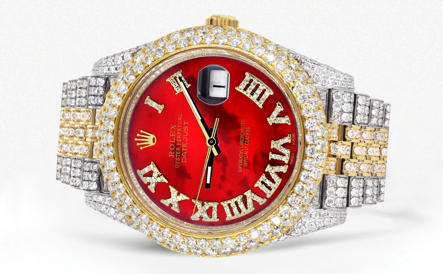 Womens Diamond Iced Out Rolex Datejust 41 | 25 Carats Of Diamonds | Custom Red Mother of Pearl Roman Numeral Diamond Dial | Two Tone | Two Row | Jubilee Band