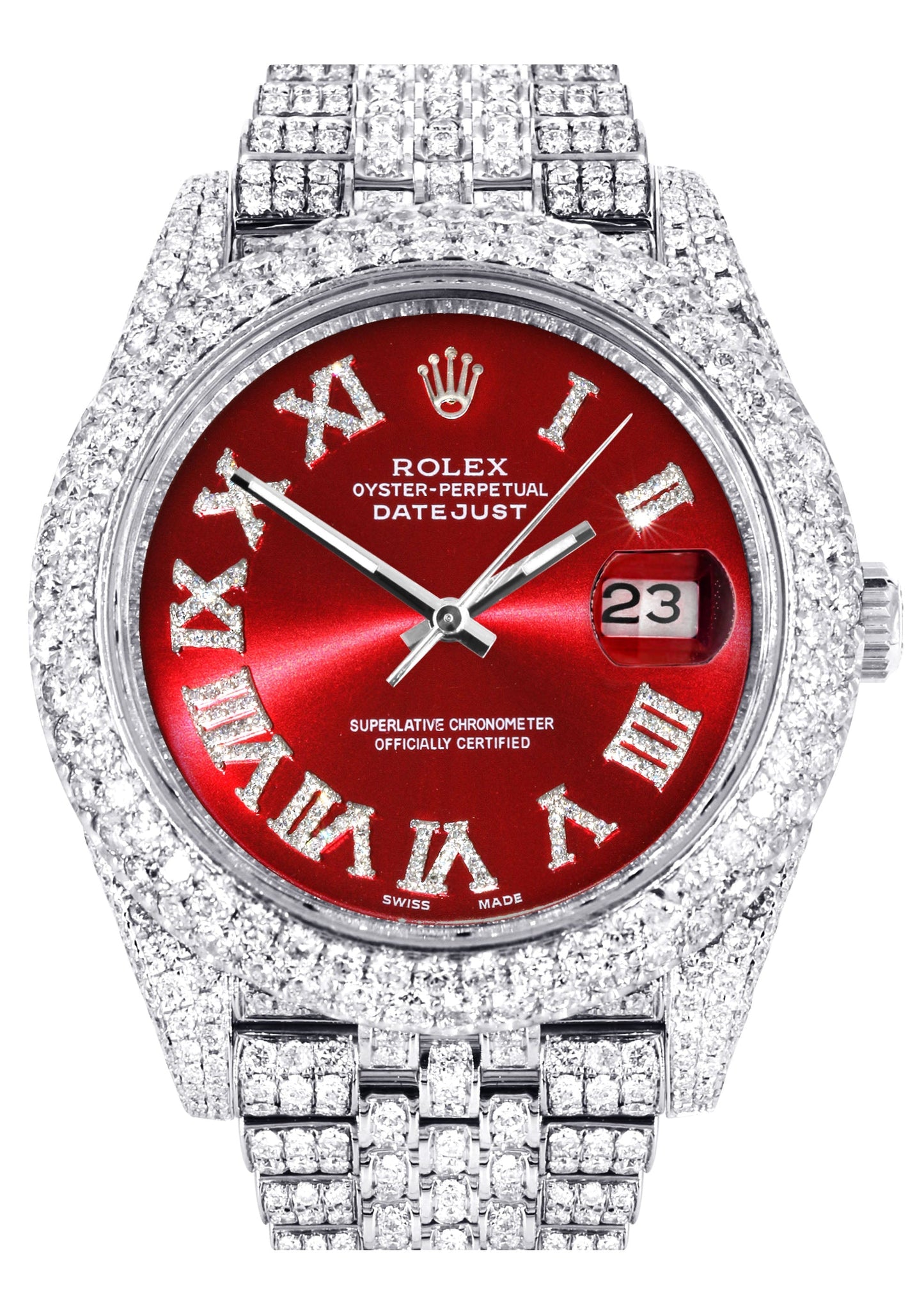 Womens Diamond Iced Out Rolex Datejust 41 | 25 Carats Of Diamonds | Custom Red Roman Numeral Diamond Dial | Two Row | Jubilee Band