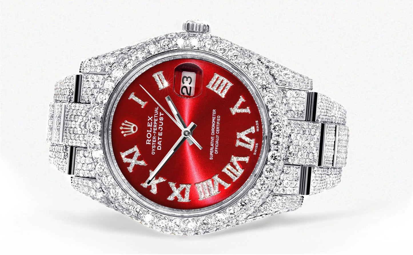 Womens Diamond Iced Out Rolex Datejust 41 | 25 Carats Of Diamonds | Custom Red Roman Numeral Diamond Dial | Two Row | Oyster Band