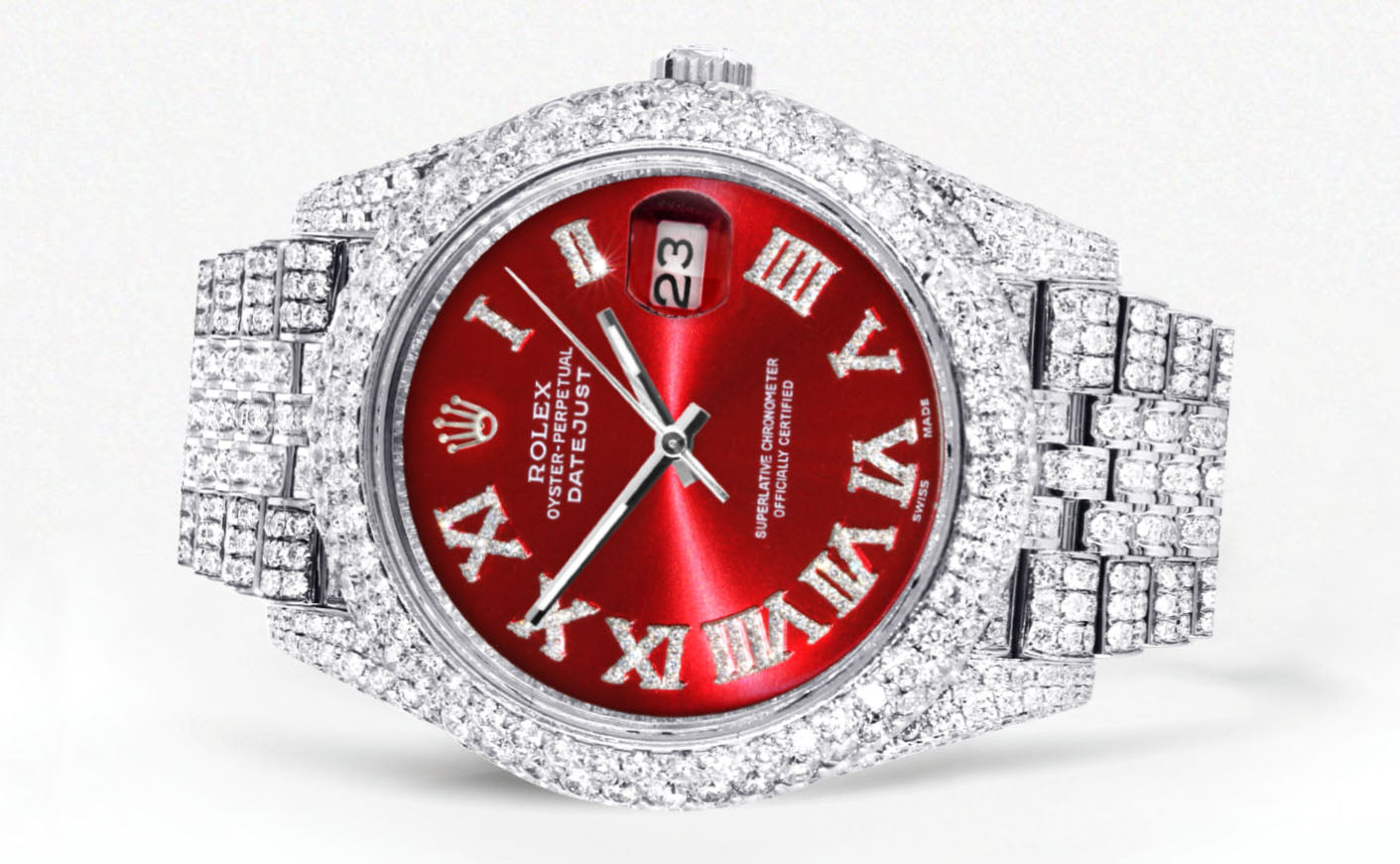 Womens Diamond Iced Out Rolex Datejust 41 | 25 Carats Of Diamonds | Custom Red Roman Numeral Diamond Dial | Two Row | Jubilee Band