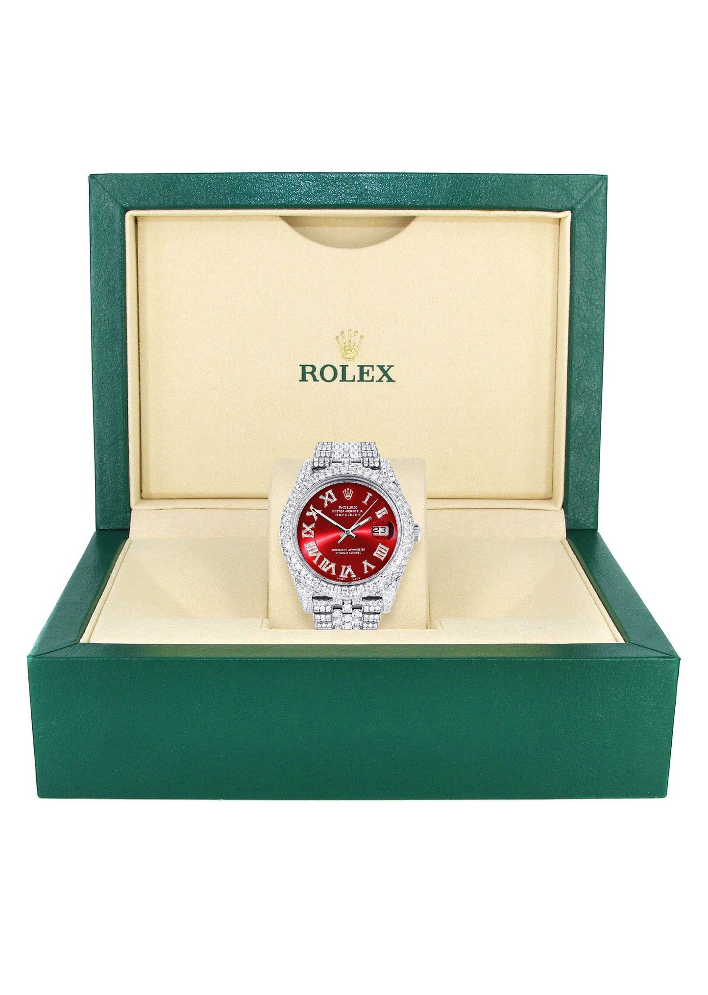 Womens Diamond Iced Out Rolex Datejust 41 | 25 Carats Of Diamonds | Custom Red Roman Numeral Diamond Dial | Two Row | Jubilee Band