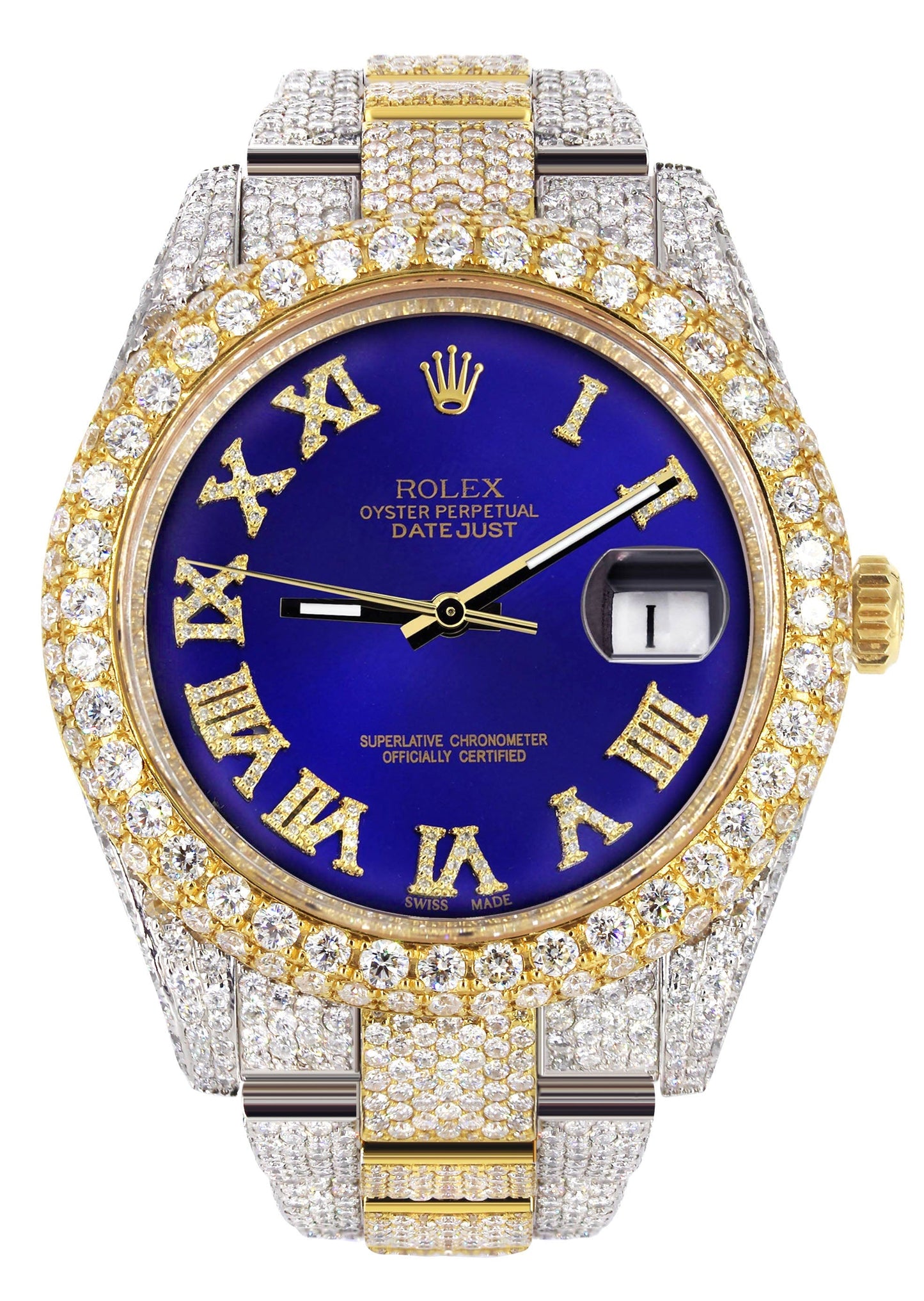 Womens Diamond Iced Out Rolex Datejust 41 | 25 Carats Of Diamonds | Custom Royal Blue Roman Numeral Diamond Dial | Two Tone | Two Row | Oyster Band
