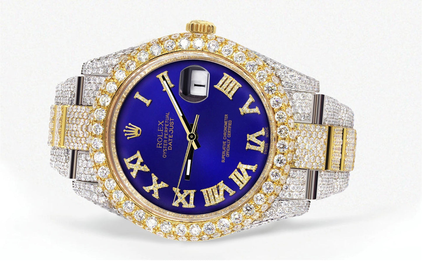 Womens Diamond Iced Out Rolex Datejust 41 | 25 Carats Of Diamonds | Custom Royal Blue Roman Numeral Diamond Dial | Two Tone | Two Row | Oyster Band